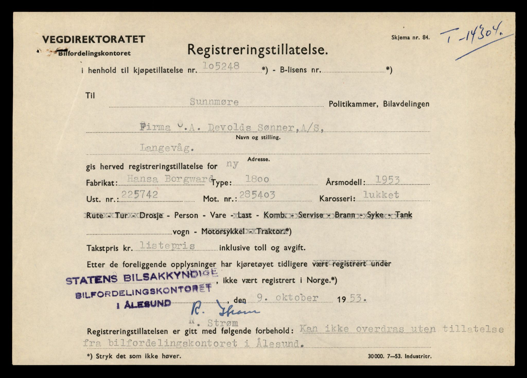 Møre og Romsdal vegkontor - Ålesund trafikkstasjon, AV/SAT-A-4099/F/Fe/L0044: Registreringskort for kjøretøy T 14205 - T 14319, 1927-1998, s. 2863