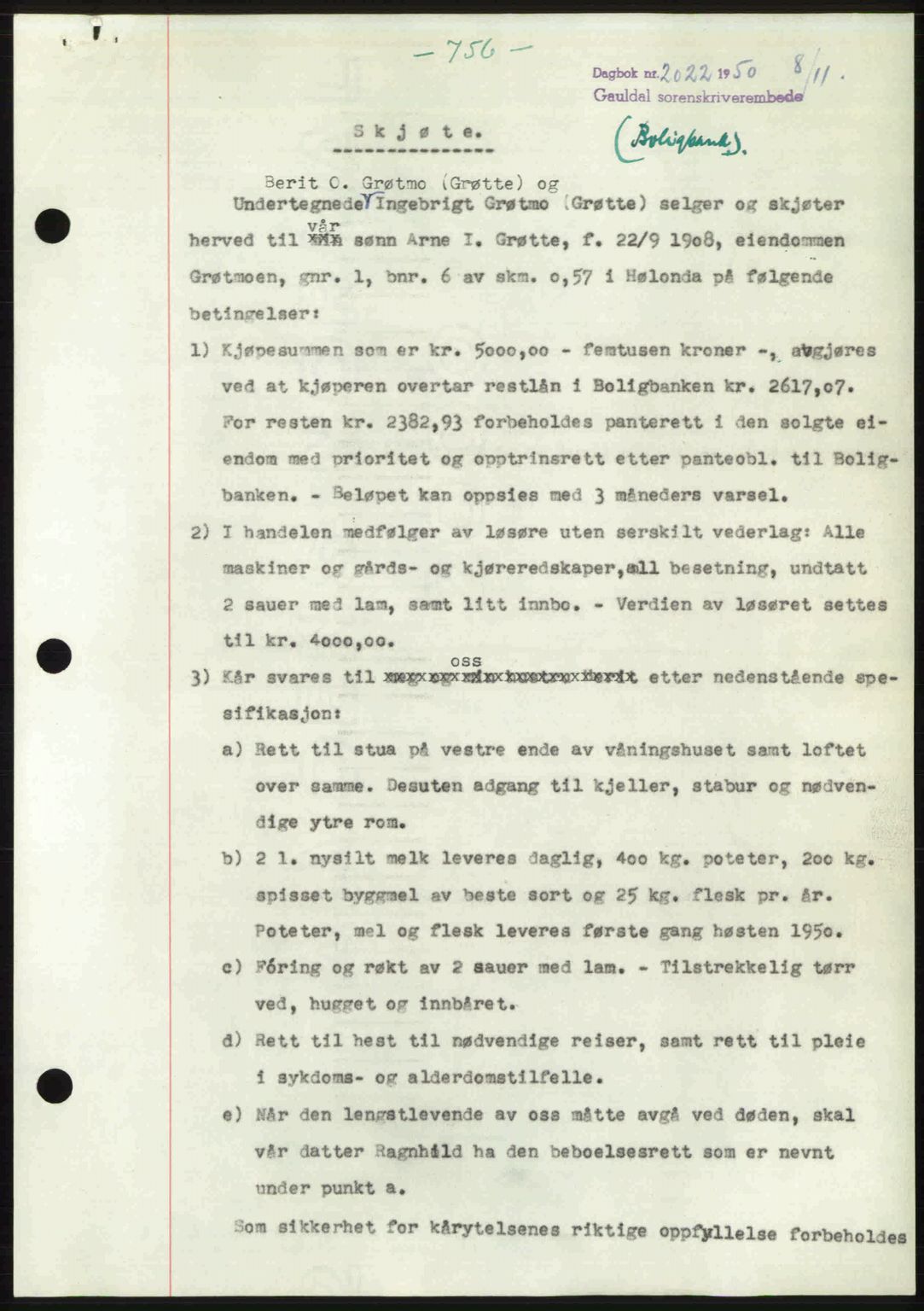 Gauldal sorenskriveri, SAT/A-0014/1/2/2C: Pantebok nr. A11, 1950-1950, Dagboknr: 2022/1950