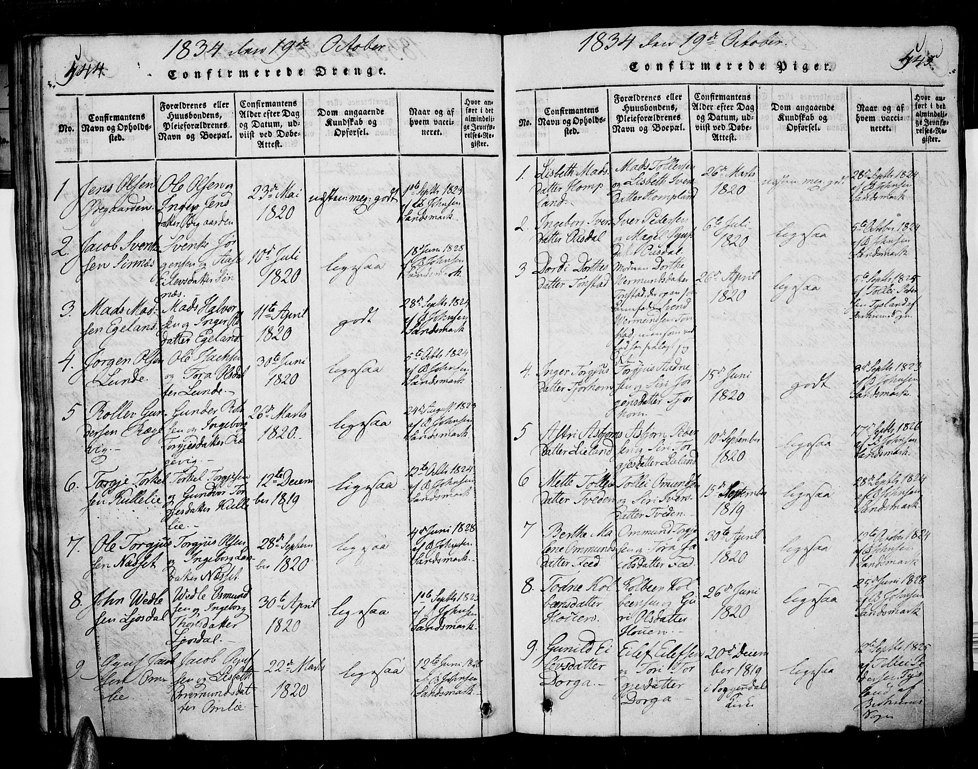 Sirdal sokneprestkontor, SAK/1111-0036/F/Fa/Fab/L0001: Ministerialbok nr. A 1, 1815-1834, s. 544-545