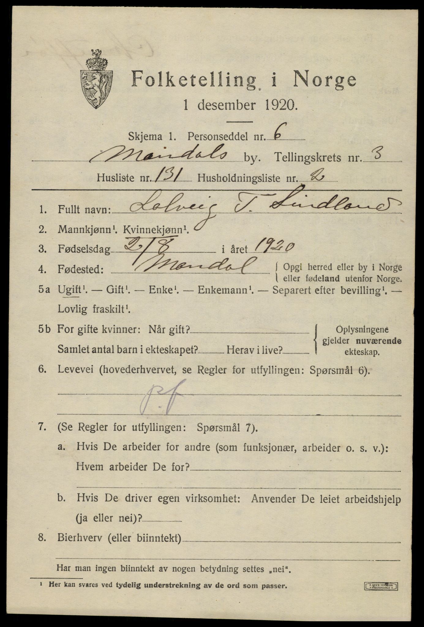 SAK, Folketelling 1920 for 1002 Mandal ladested, 1920, s. 6977