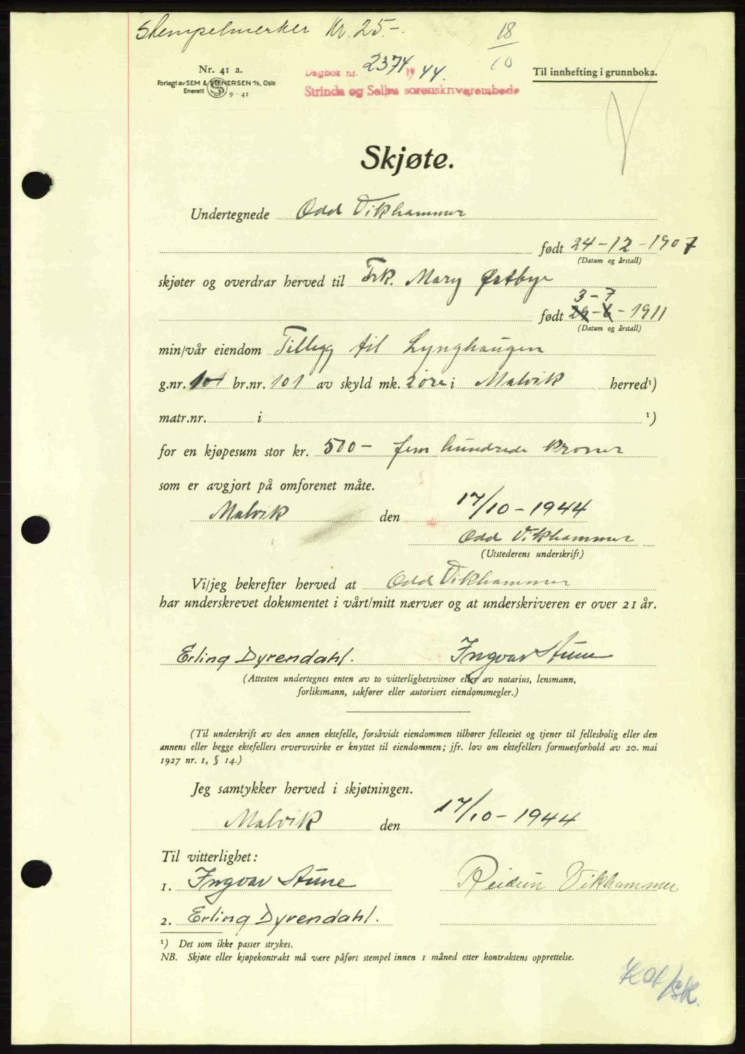 Strinda og Selbu sorenskriveri, SAT/A-0015/2/2C: Pantebok nr. A9, 1944-1945, Dagboknr: 2374/1944