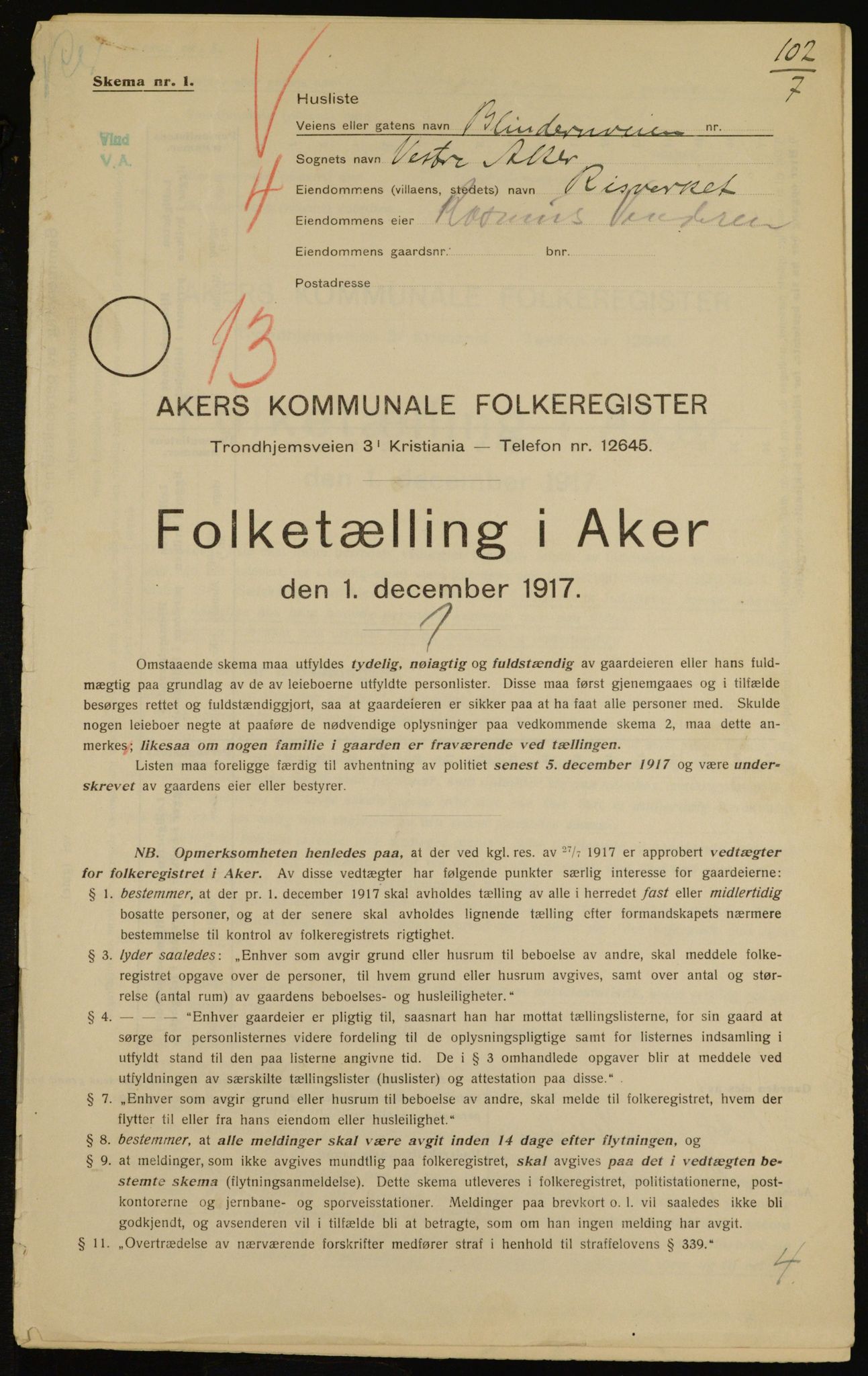 OBA, Kommunal folketelling 1.12.1917 for Aker, 1917, s. 10416