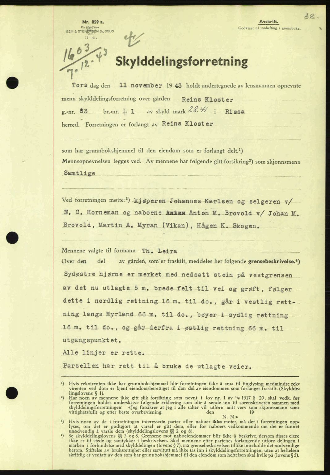 Fosen sorenskriveri, AV/SAT-A-1107/1/2/2C: Pantebok nr. A3, 1943-1945, Dagboknr: 1603/1943