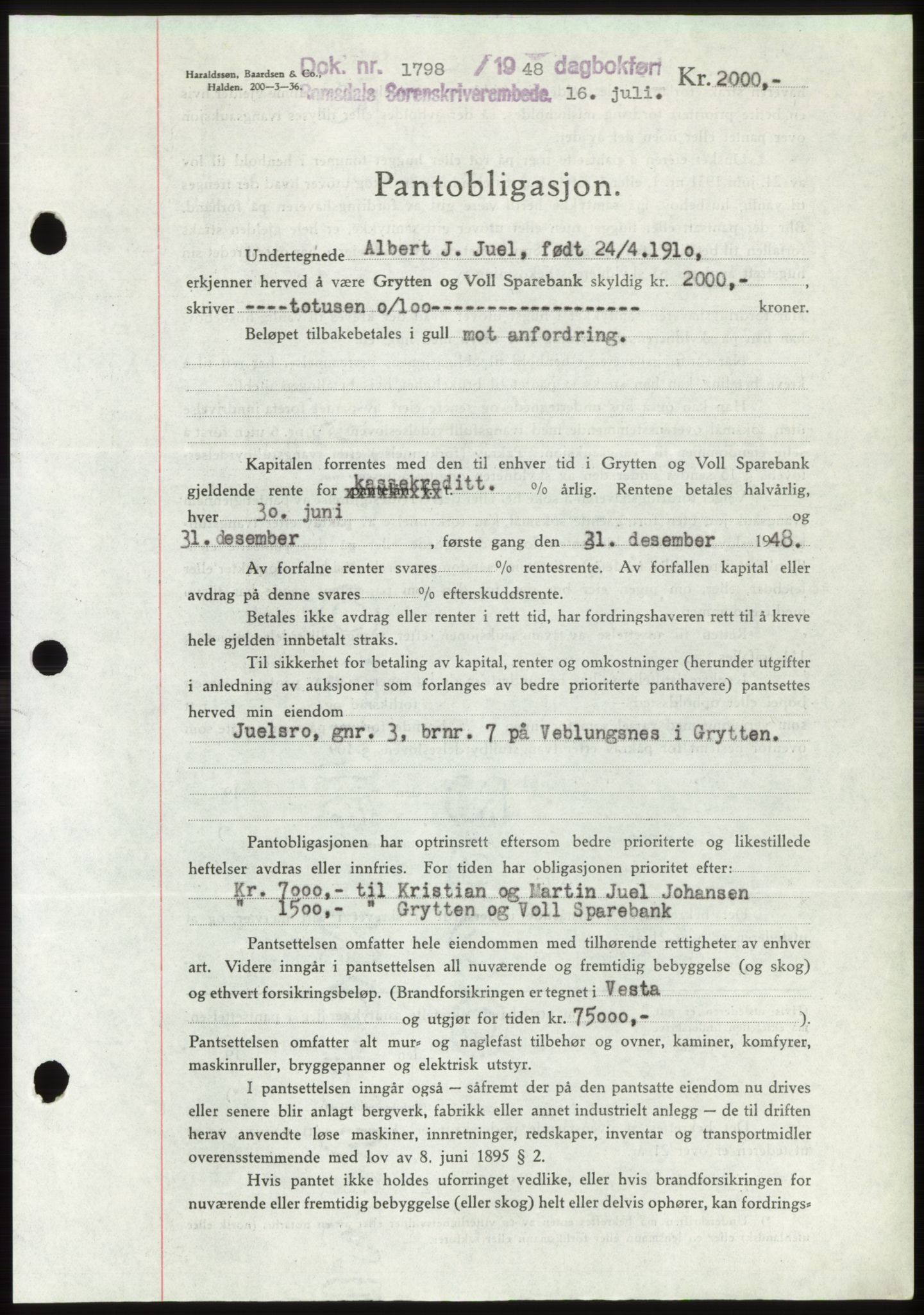 Romsdal sorenskriveri, SAT/A-4149/1/2/2C: Pantebok nr. B4, 1948-1949, Dagboknr: 1798/1948