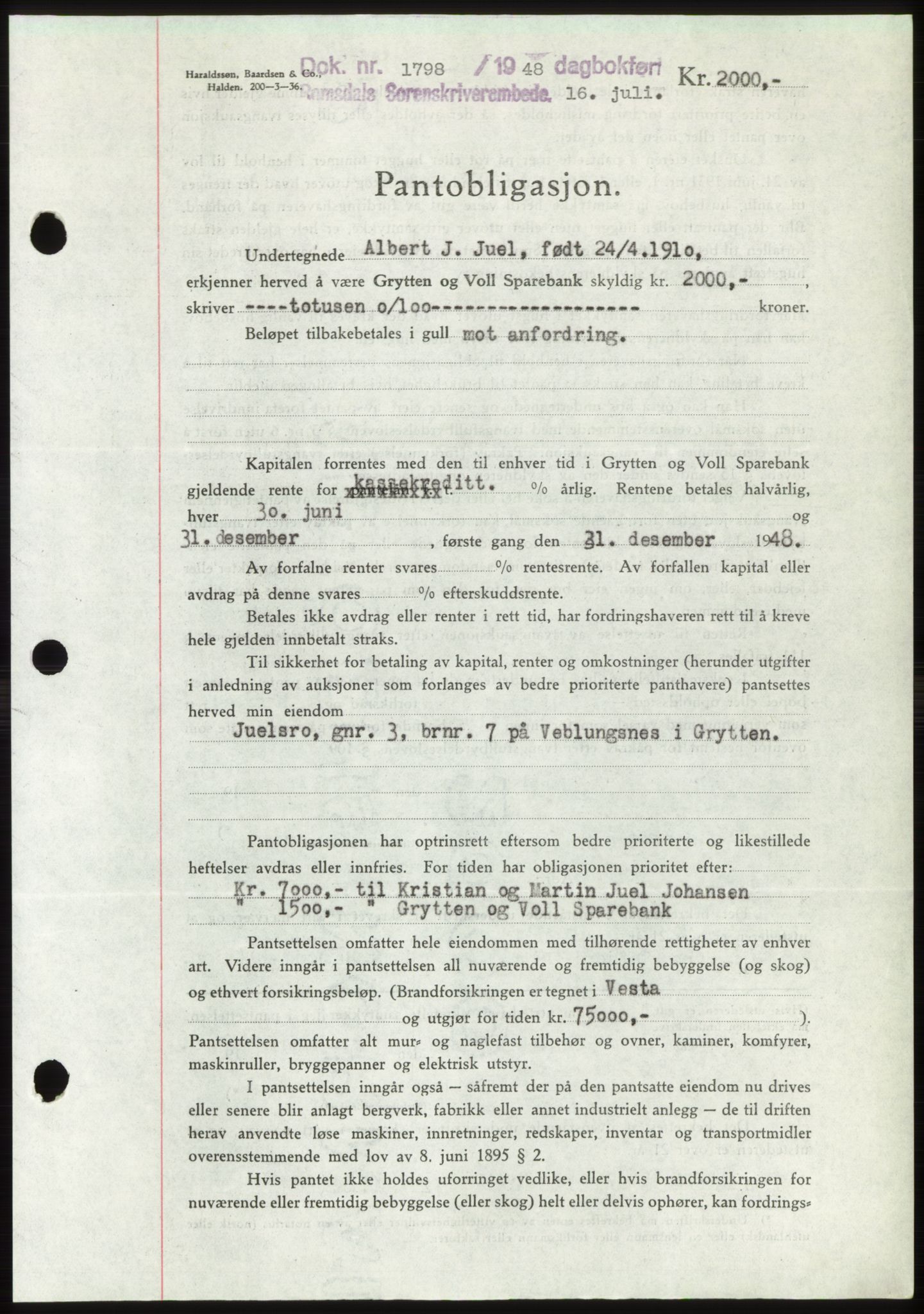 Romsdal sorenskriveri, AV/SAT-A-4149/1/2/2C: Pantebok nr. B4, 1948-1949, Dagboknr: 1798/1948