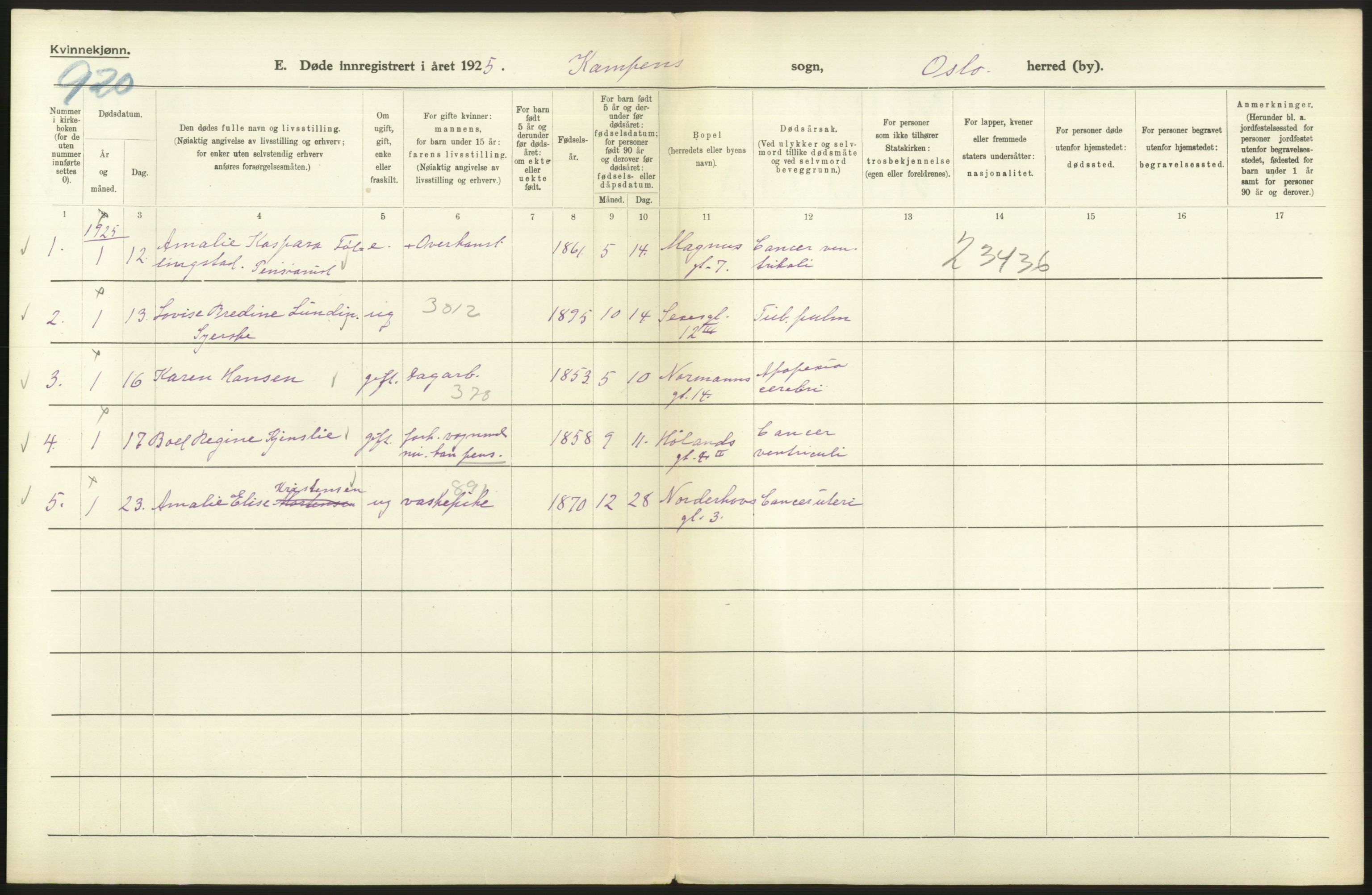 Statistisk sentralbyrå, Sosiodemografiske emner, Befolkning, AV/RA-S-2228/D/Df/Dfc/Dfce/L0010: Oslo: Døde kvinner, dødfødte, 1925, s. 518