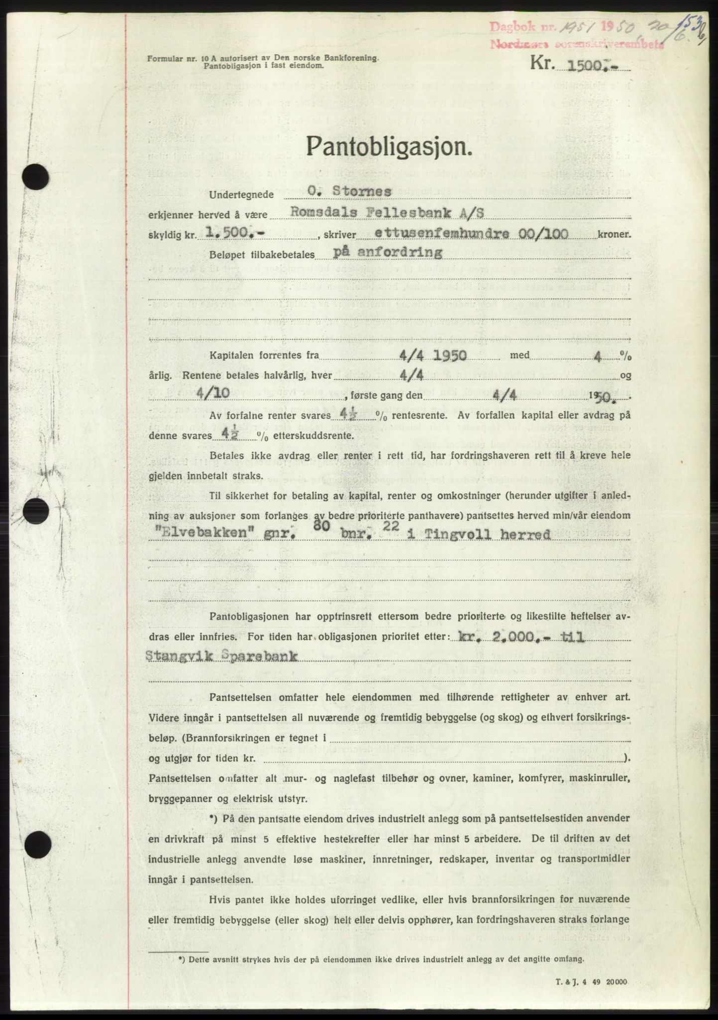 Nordmøre sorenskriveri, AV/SAT-A-4132/1/2/2Ca: Pantebok nr. B105, 1950-1950, Dagboknr: 1951/1950