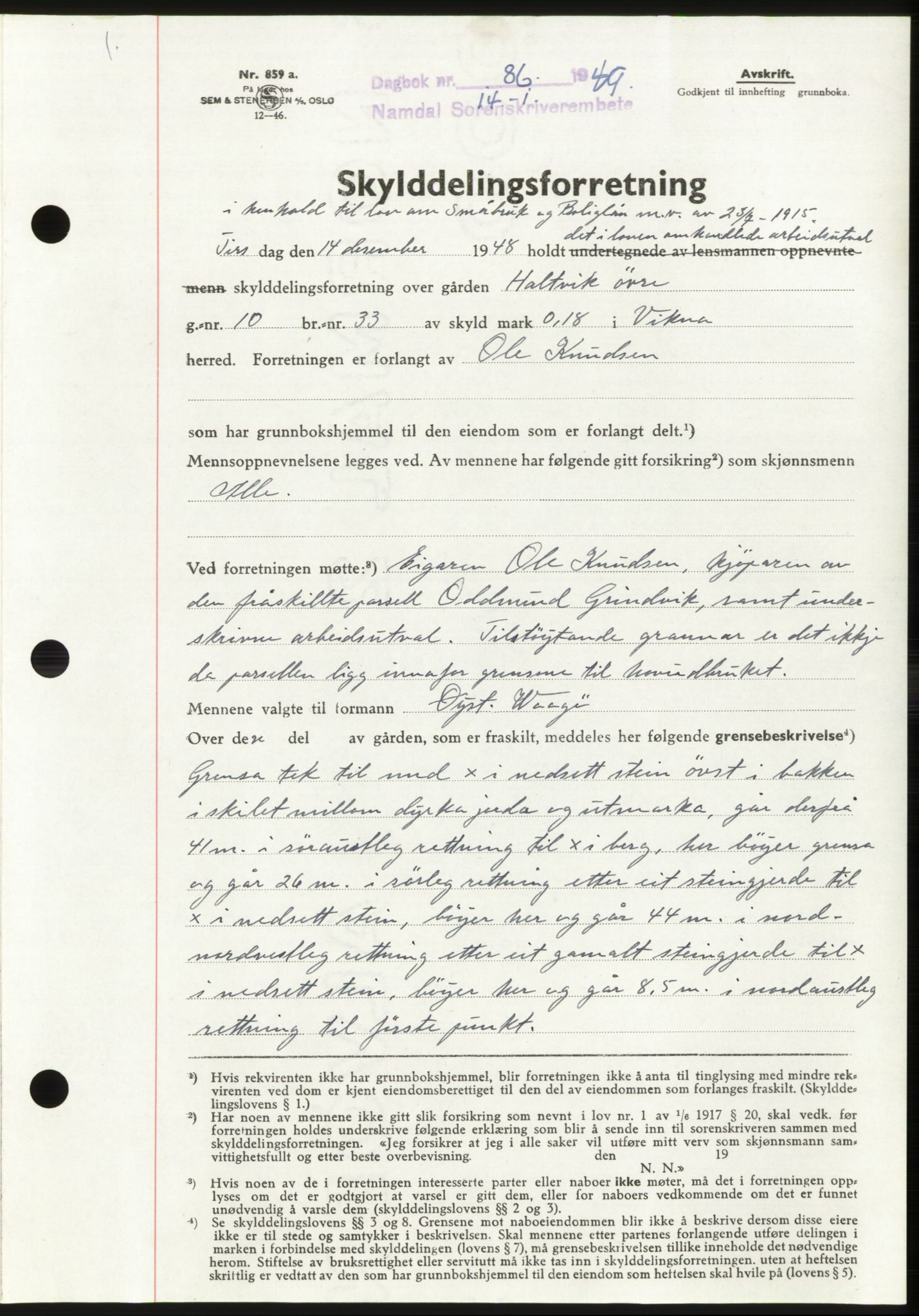 Namdal sorenskriveri, SAT/A-4133/1/2/2C: Pantebok nr. -, 1949-1949, Dagboknr: 86/1949