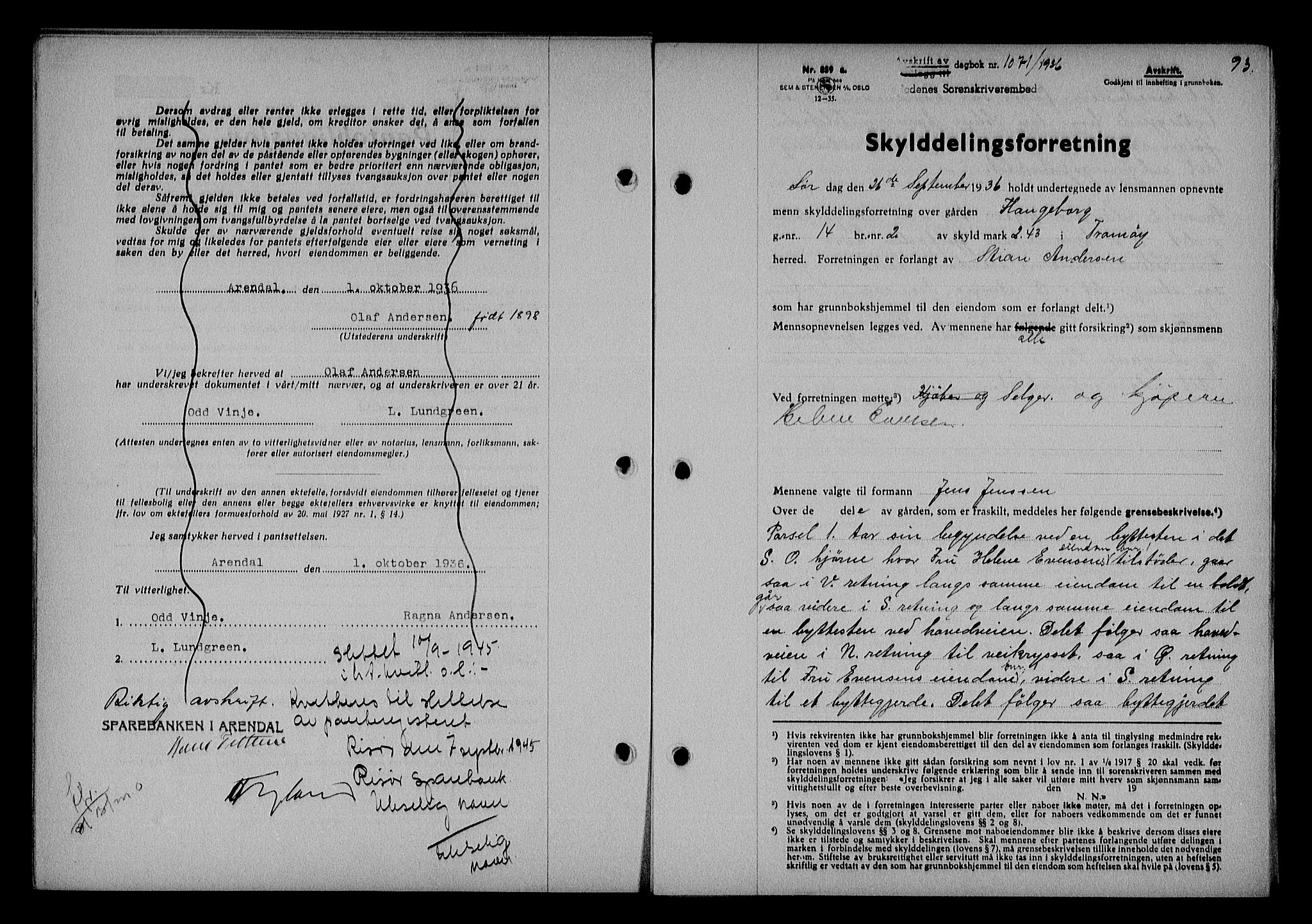 Nedenes sorenskriveri, AV/SAK-1221-0006/G/Gb/Gba/L0043: Pantebok nr. 39, 1936-1937, Dagboknr: 1071/1936