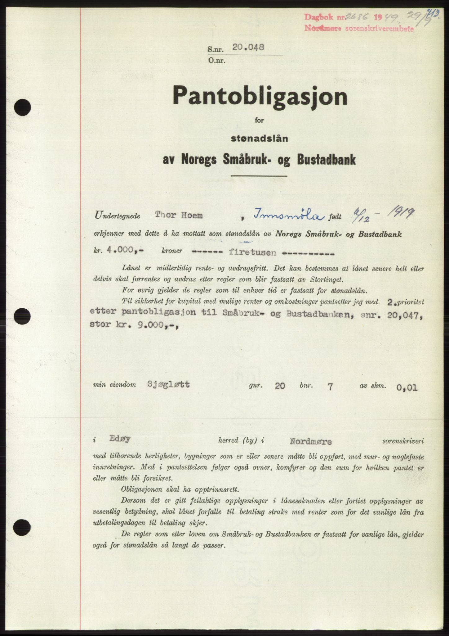 Nordmøre sorenskriveri, SAT/A-4132/1/2/2Ca: Pantebok nr. B102, 1949-1949, Dagboknr: 2686/1949