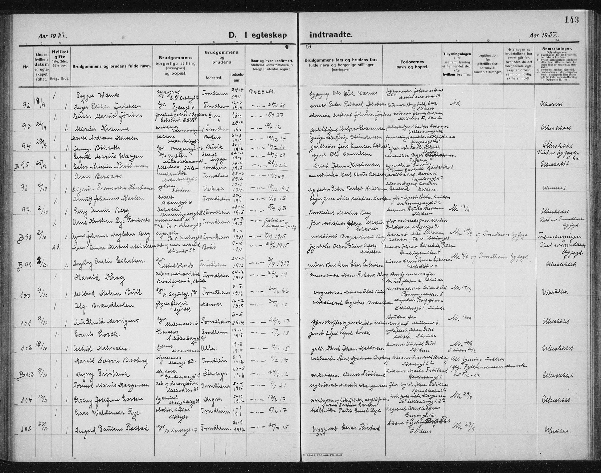 Ministerialprotokoller, klokkerbøker og fødselsregistre - Sør-Trøndelag, AV/SAT-A-1456/605/L0260: Klokkerbok nr. 605C07, 1922-1942, s. 143