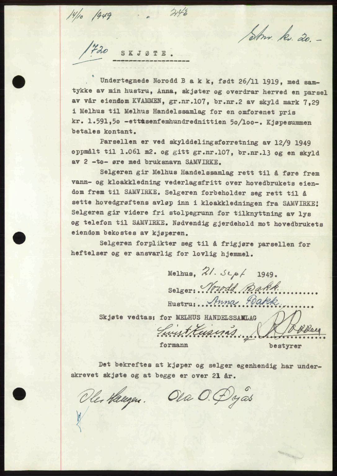 Gauldal sorenskriveri, SAT/A-0014/1/2/2C: Pantebok nr. A8, 1949-1949, Dagboknr: 1720/1949
