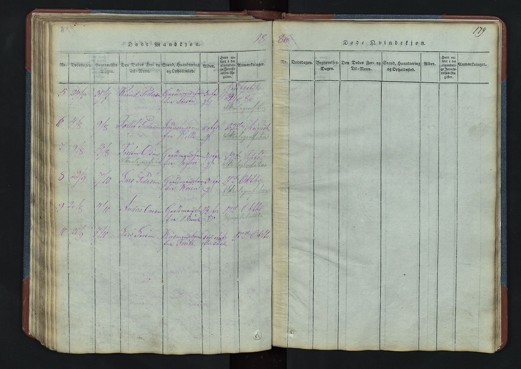 Vang prestekontor, Valdres, AV/SAH-PREST-140/H/Hb/L0003: Klokkerbok nr. 3, 1814-1892, s. 179