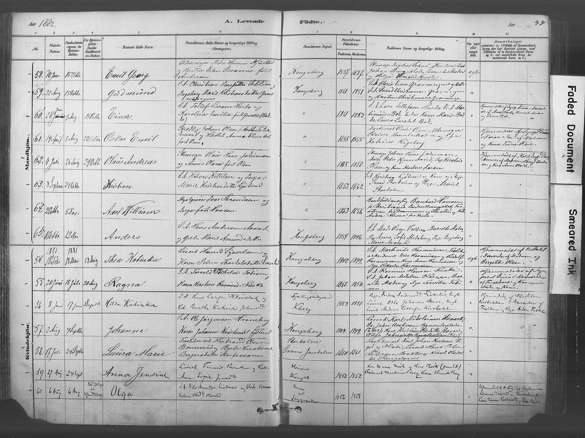 Kongsberg kirkebøker, AV/SAKO-A-22/F/Fb/L0001: Ministerialbok nr. II 1, 1878-1886, s. 43