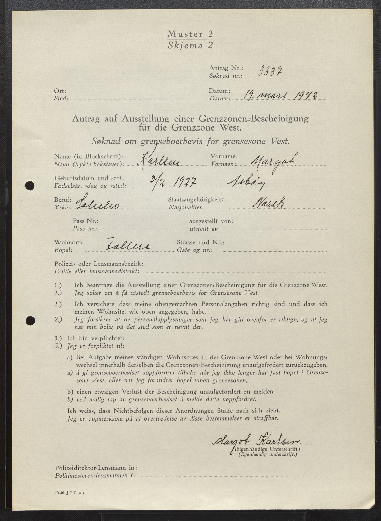 Lensmannen i Askøy, AV/SAB-A-31001/0026/L0012: Søknader om grensebuarbevis 3826 - 4350, 1942-1943, s. 15