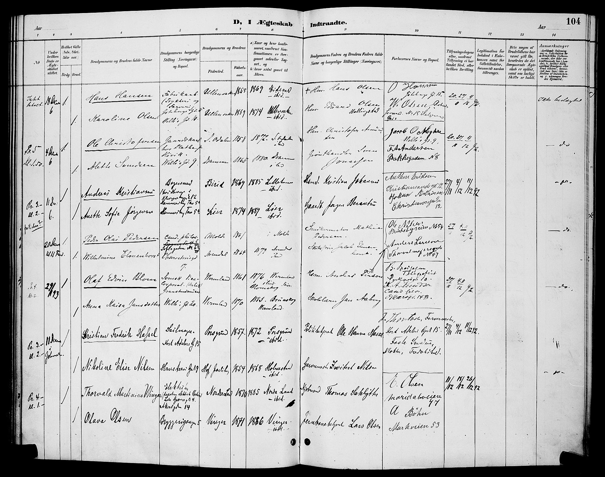 Trefoldighet prestekontor Kirkebøker, AV/SAO-A-10882/H/Ha/L0004: Lysningsprotokoll nr. 4, 1888-1894, s. 104
