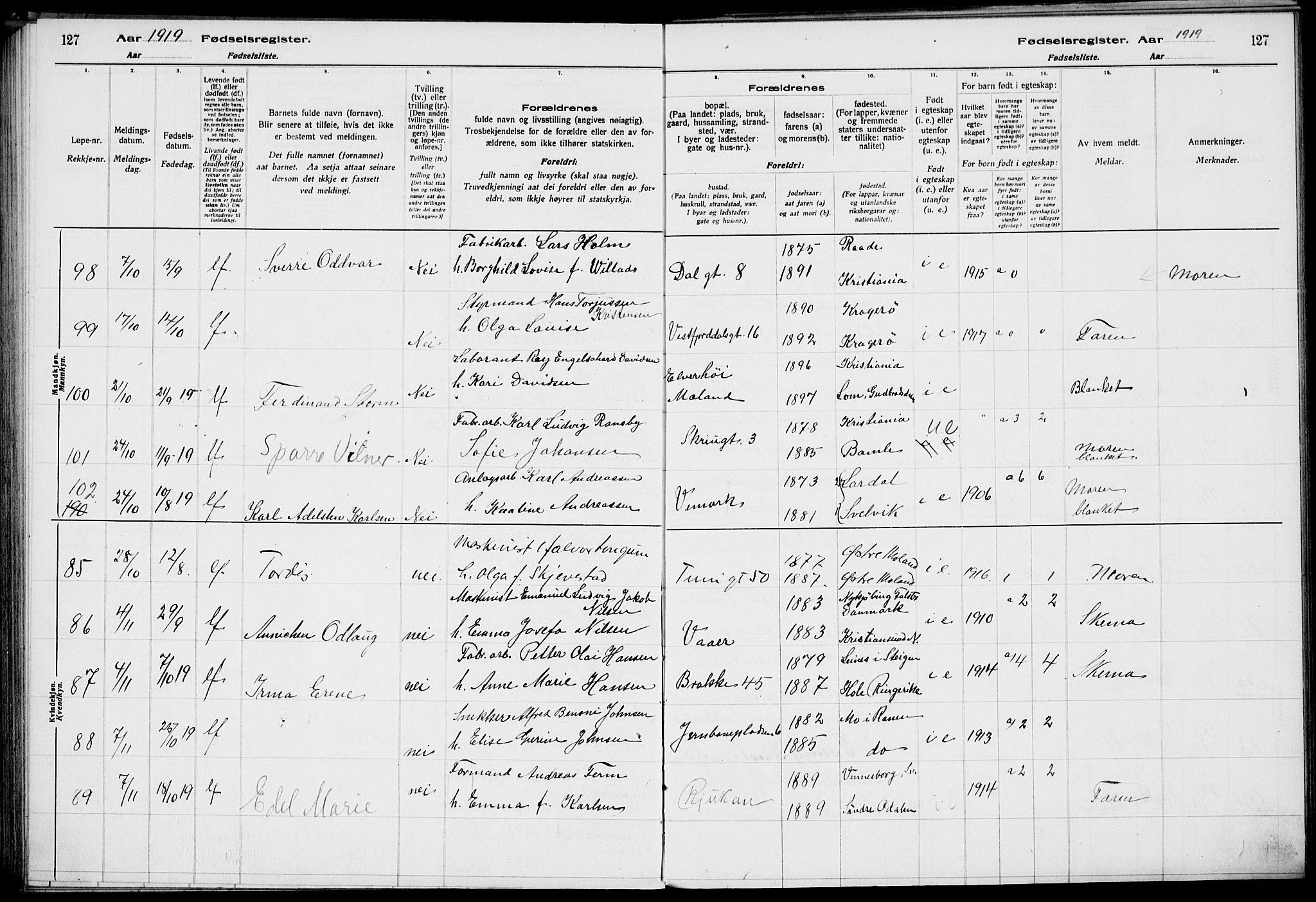 Rjukan kirkebøker, AV/SAKO-A-294/J/Ja/L0001: Fødselsregister nr. 1, 1916-1922, s. 127