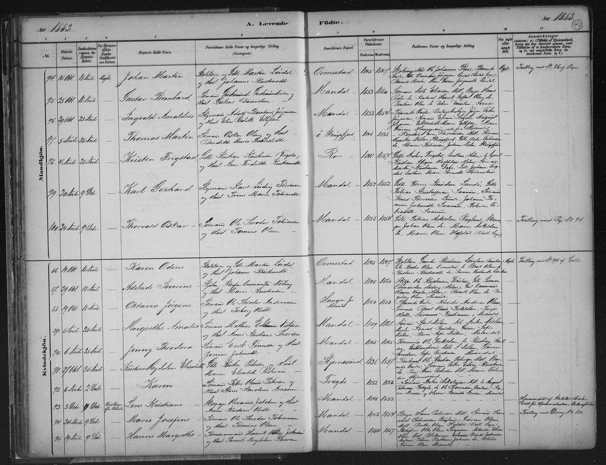 Mandal sokneprestkontor, AV/SAK-1111-0030/F/Fb/Fba/L0011: Klokkerbok nr. B 5, 1880-1898, s. 47