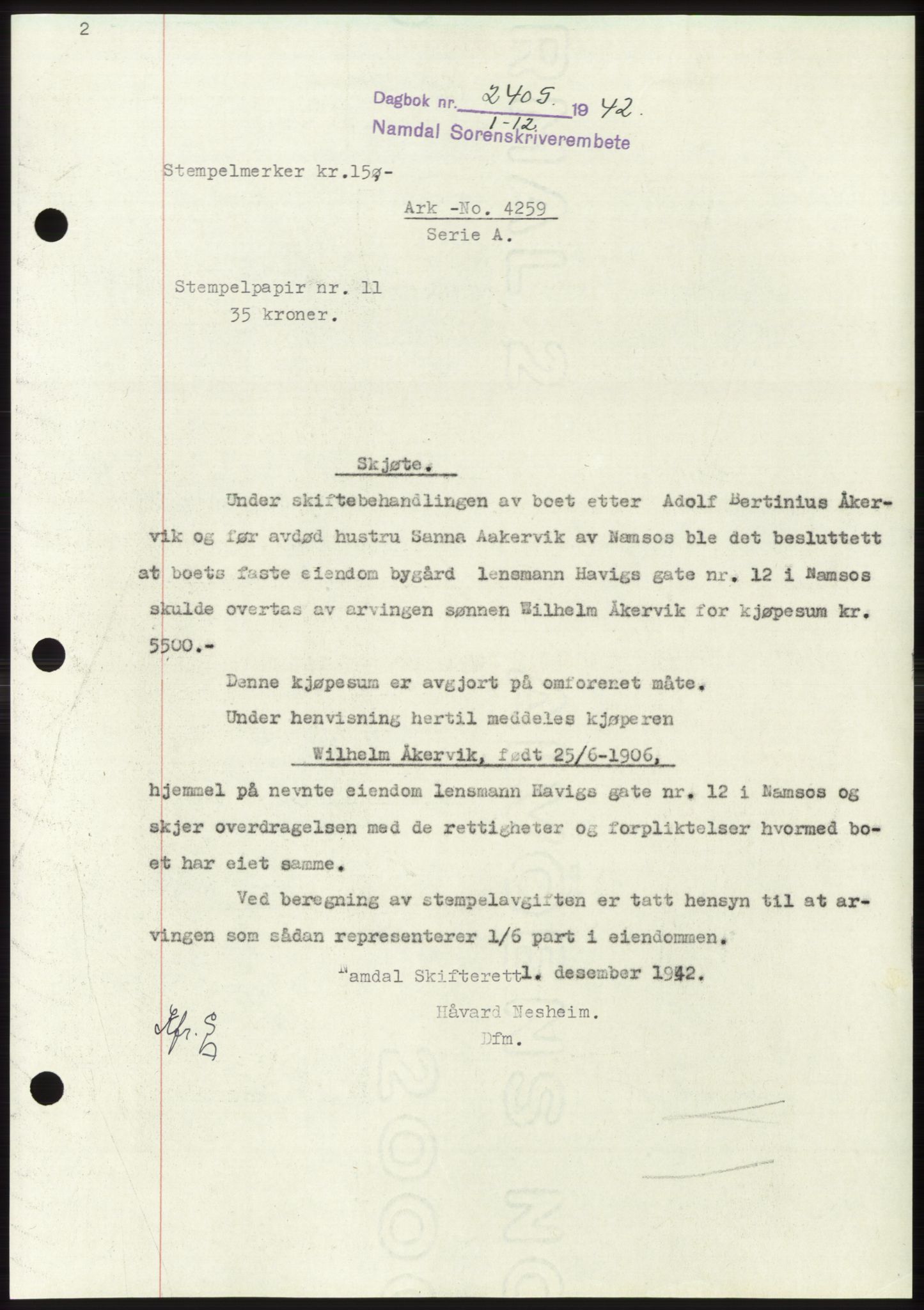 Namdal sorenskriveri, SAT/A-4133/1/2/2C: Pantebok nr. -, 1942-1943, Dagboknr: 2405/1942