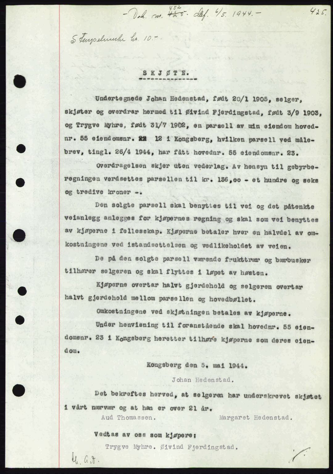 Numedal og Sandsvær sorenskriveri, SAKO/A-128/G/Ga/Gaa/L0055: Pantebok nr. A7, 1943-1944, Dagboknr: 452/1944