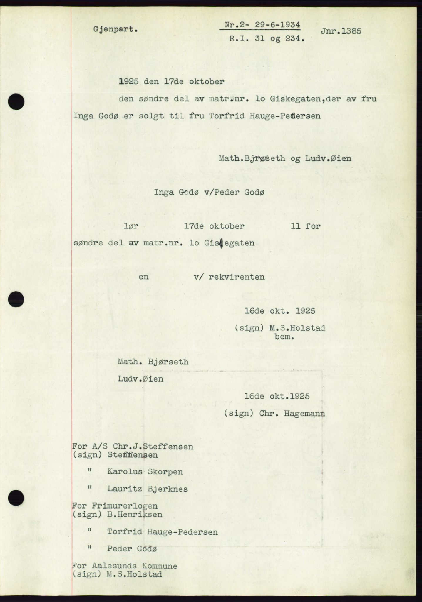 Ålesund byfogd, AV/SAT-A-4384: Pantebok nr. 31, 1933-1934, Tingl.dato: 29.06.1934