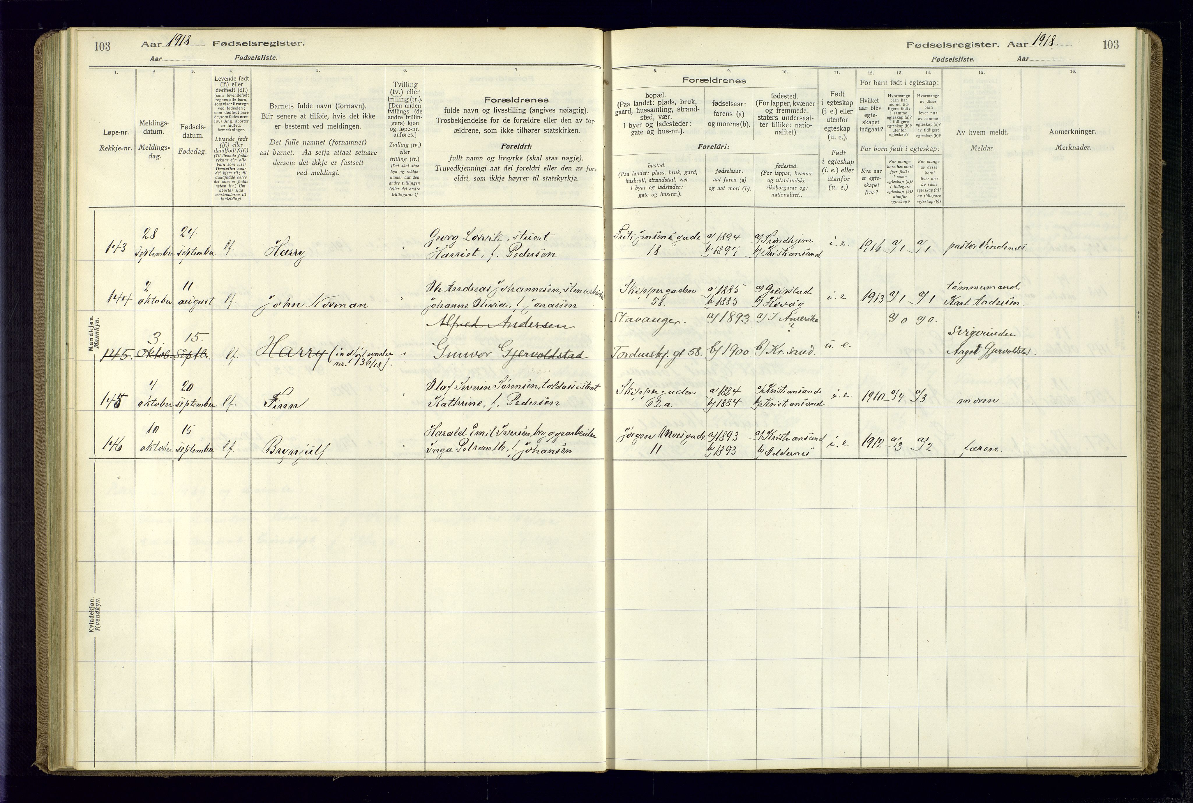 Kristiansand domprosti, AV/SAK-1112-0006/J/Jc/L0001: Fødselsregister nr. A-VI-45, 1916-1921, s. 103