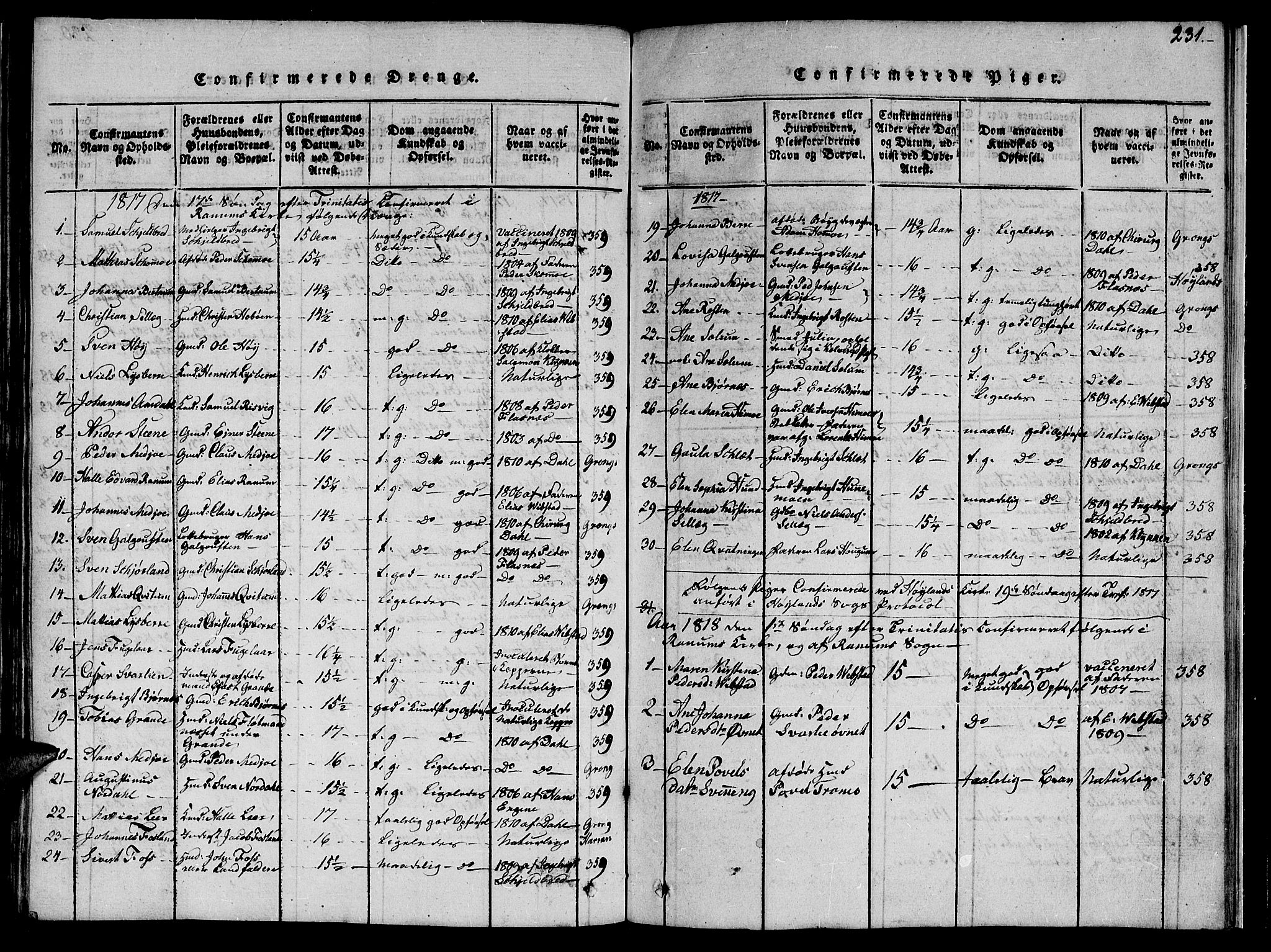 Ministerialprotokoller, klokkerbøker og fødselsregistre - Nord-Trøndelag, SAT/A-1458/764/L0559: Klokkerbok nr. 764C01, 1816-1824, s. 231