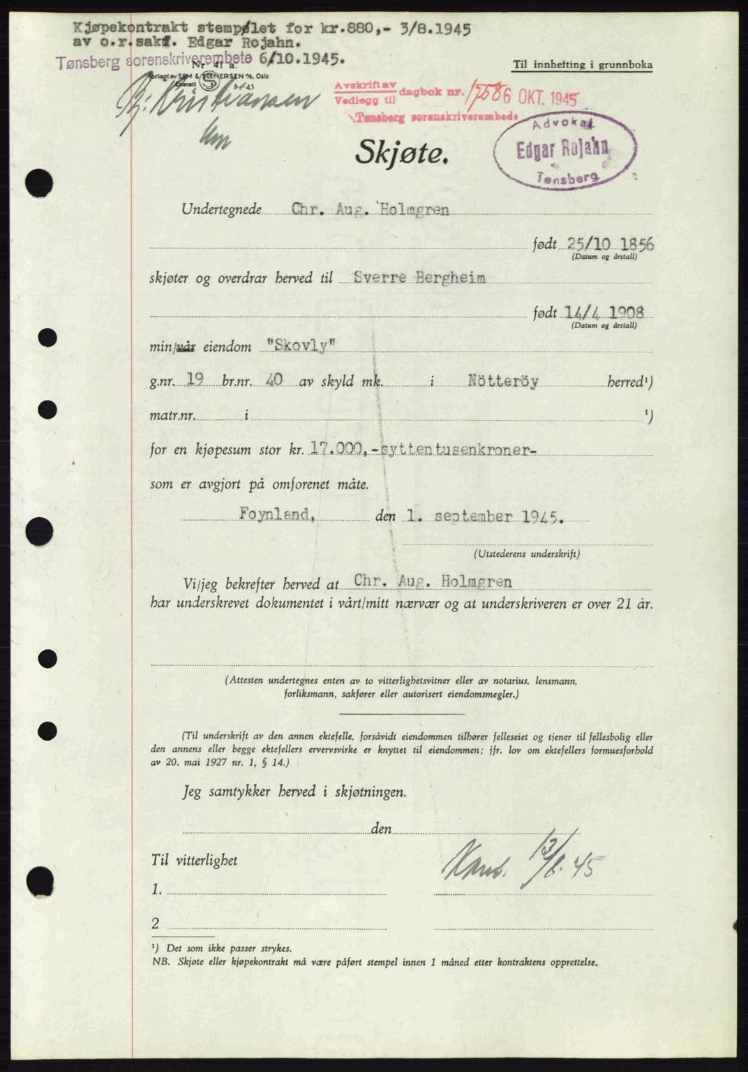 Tønsberg sorenskriveri, AV/SAKO-A-130/G/Ga/Gaa/L0017a: Pantebok nr. A17a, 1945-1945, Dagboknr: 1758/1945