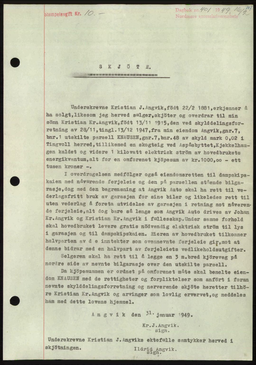 Nordmøre sorenskriveri, SAT/A-4132/1/2/2Ca: Pantebok nr. A110, 1948-1949, Dagboknr: 401/1949