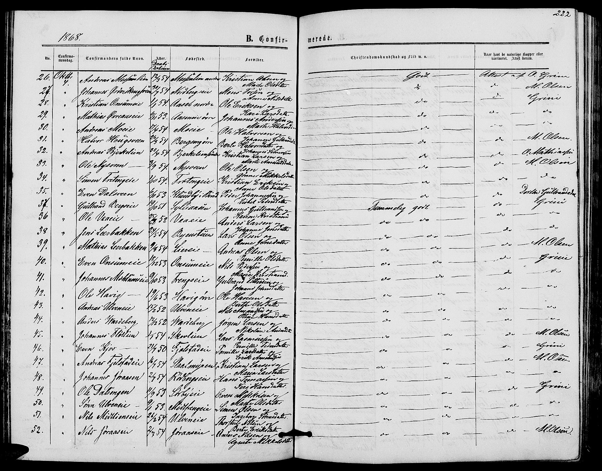 Ringsaker prestekontor, AV/SAH-PREST-014/L/La/L0007: Klokkerbok nr. 7, 1861-1869, s. 222