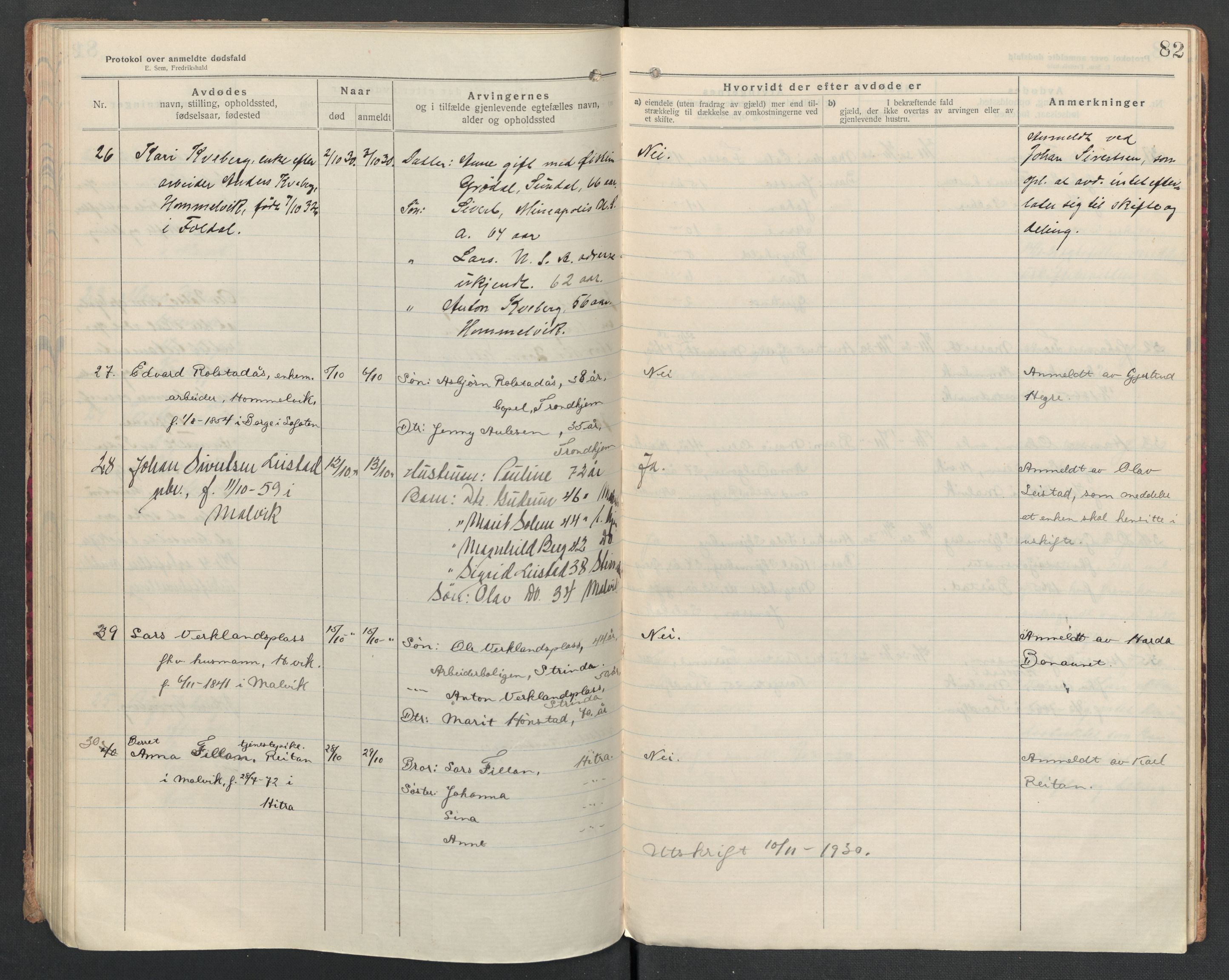 Malvik lensmannskontor, AV/SAT-A-1061/2/02/L0043: Dødsfallsprotokoll, 1920-1932, s. 82