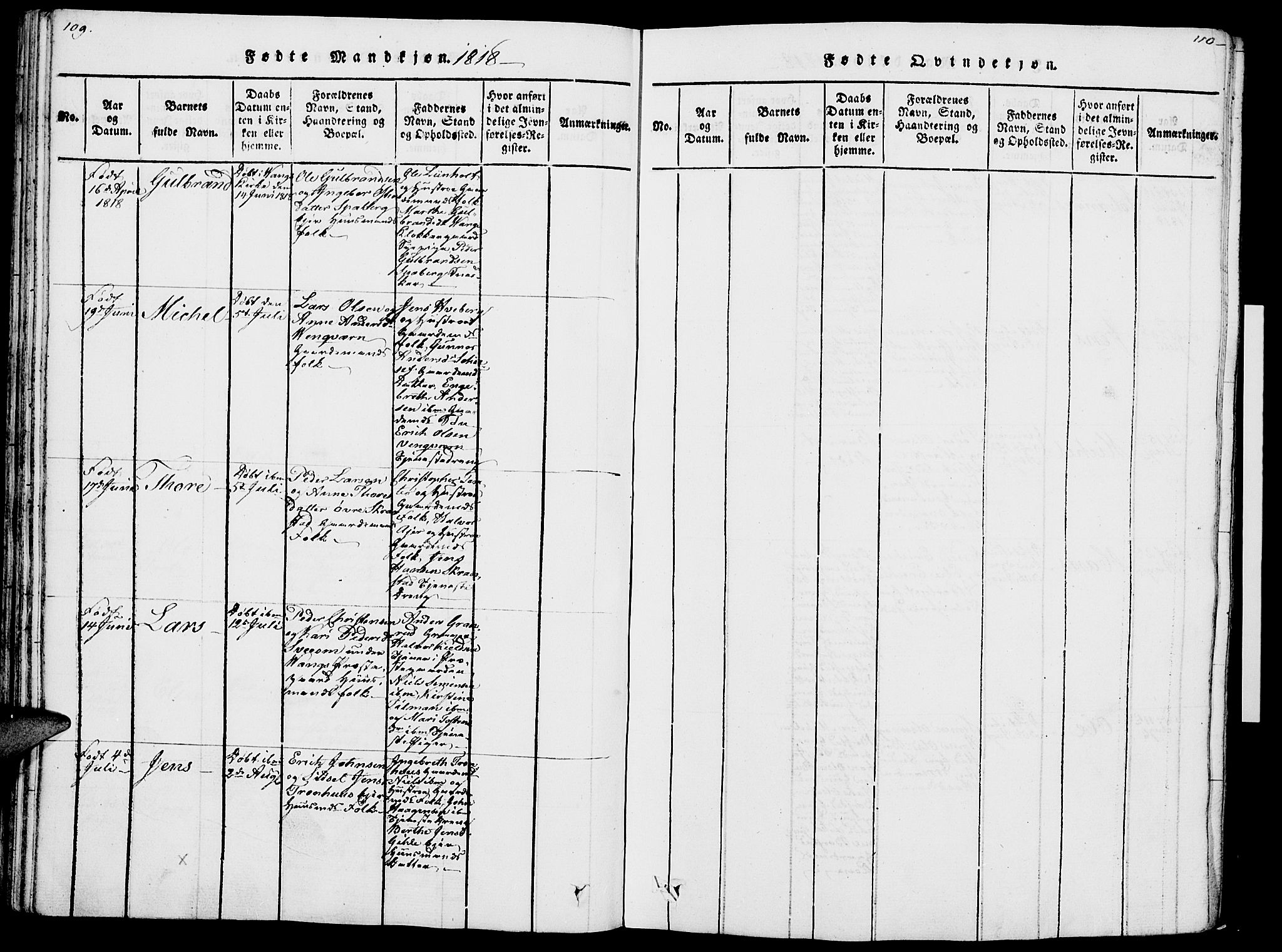 Vang prestekontor, Hedmark, SAH/PREST-008/H/Ha/Haa/L0007: Ministerialbok nr. 7, 1813-1826, s. 109-110