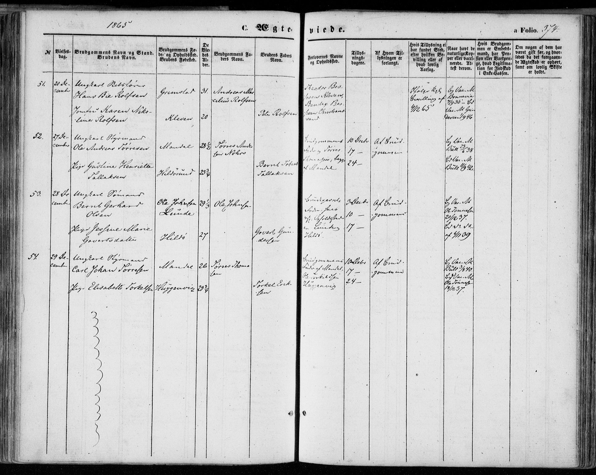Mandal sokneprestkontor, SAK/1111-0030/F/Fa/Faa/L0014: Ministerialbok nr. A 14, 1859-1872, s. 374