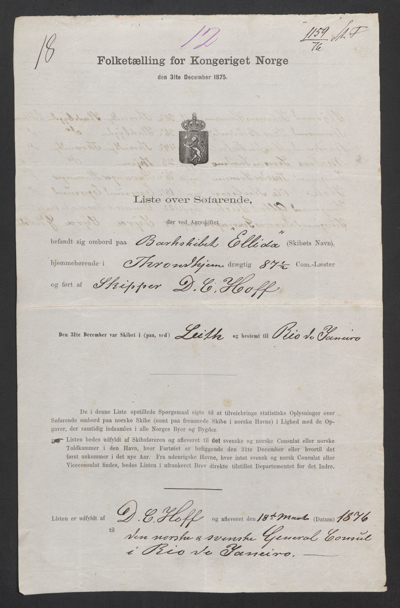 RA, Folketelling 1875, skipslister: Skip i utenrikske havner, hjemmehørende i 1) byer og ladesteder, Grimstad - Tromsø, 2) landdistrikter, 1875, s. 1091