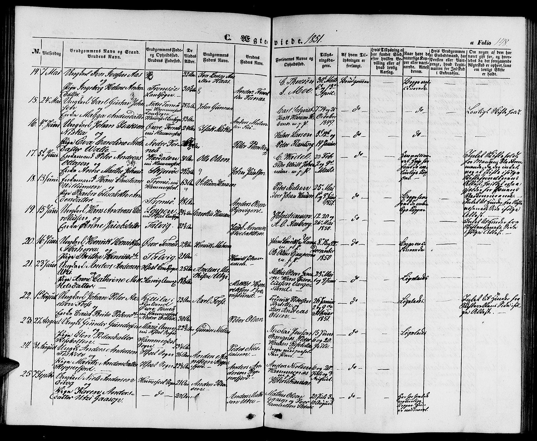 Hammerfest sokneprestkontor, SATØ/S-1347/H/Hb/L0002.klokk: Klokkerbok nr. 2, 1851-1861, s. 148