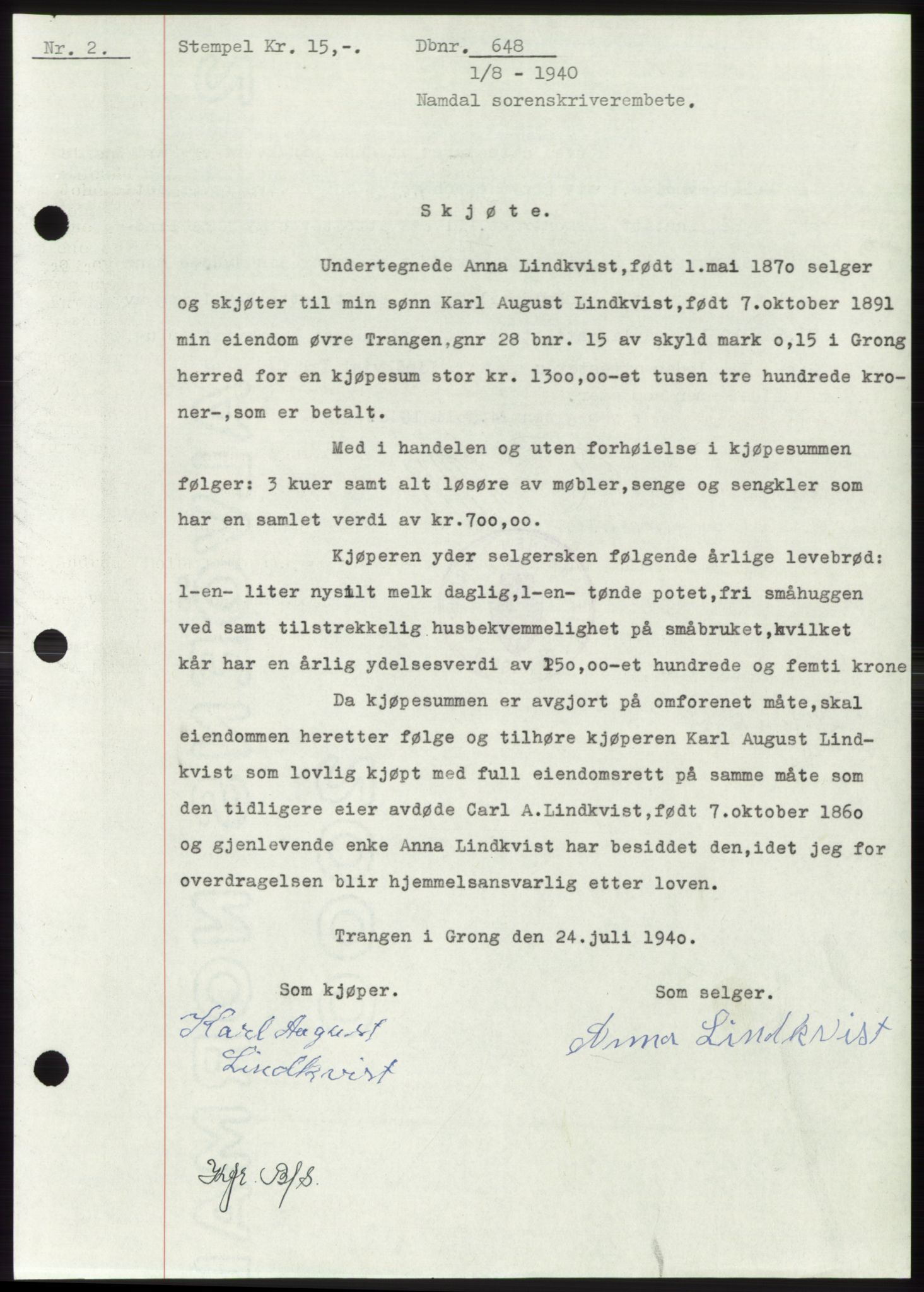 Namdal sorenskriveri, SAT/A-4133/1/2/2C: Pantebok nr. -, 1940-1941, Tingl.dato: 01.08.1940
