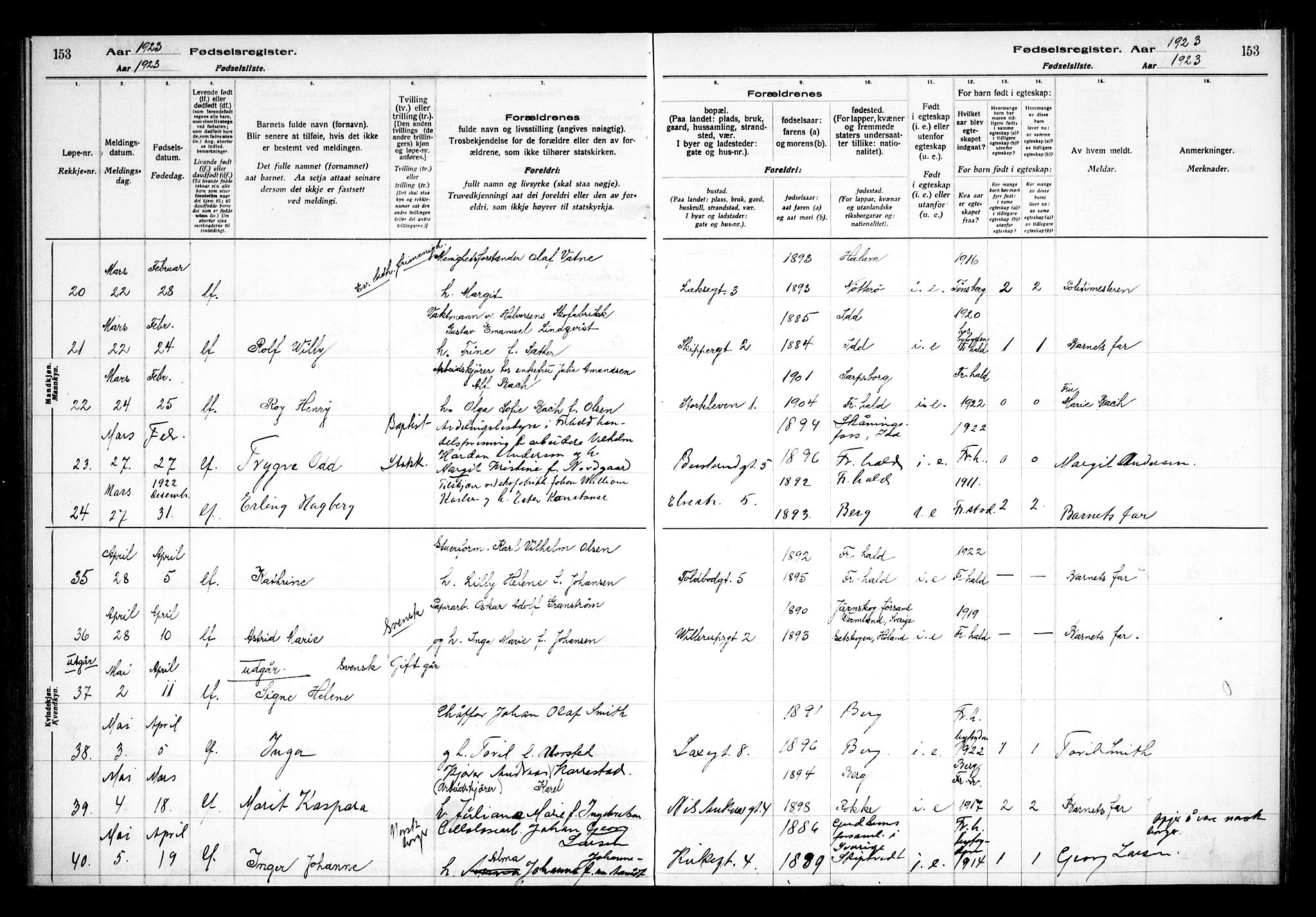 Halden prestekontor Kirkebøker, AV/SAO-A-10909/J/Ja/L0001: Fødselsregister nr. I 1, 1916-1925, s. 153