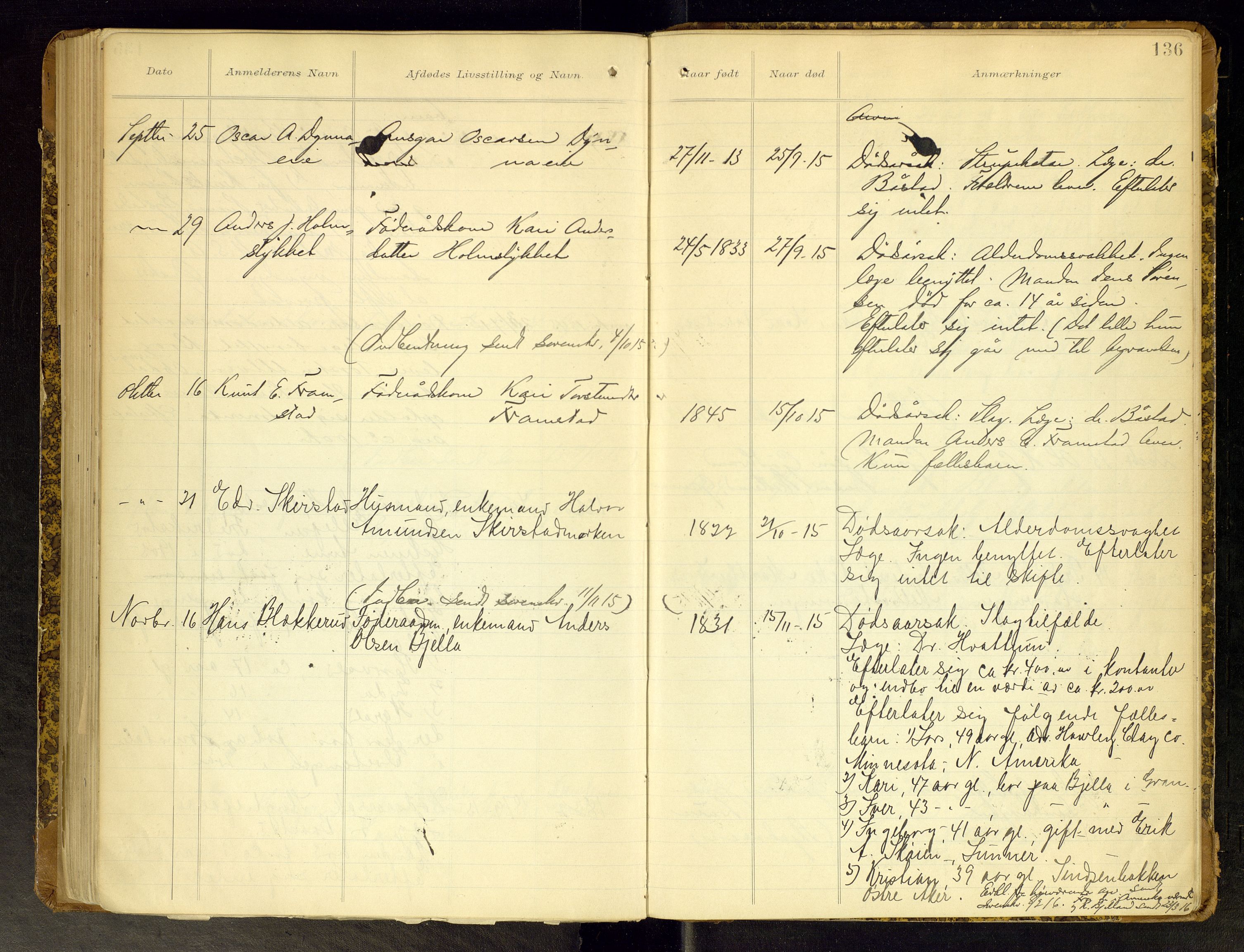 Gran lensmannskontor, SAH/LOG-010/H/Ha/L0002: Dødsfallsprotokoll, 1899-1917, s. 136