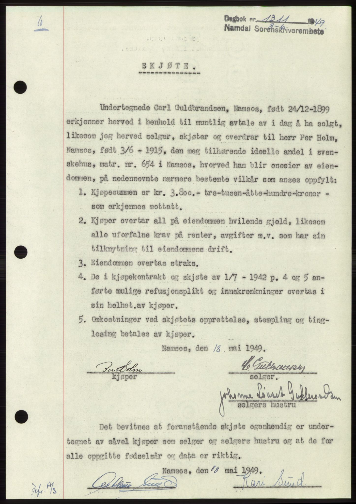 Namdal sorenskriveri, SAT/A-4133/1/2/2C: Pantebok nr. -, 1949-1949, Dagboknr: 1311/1949
