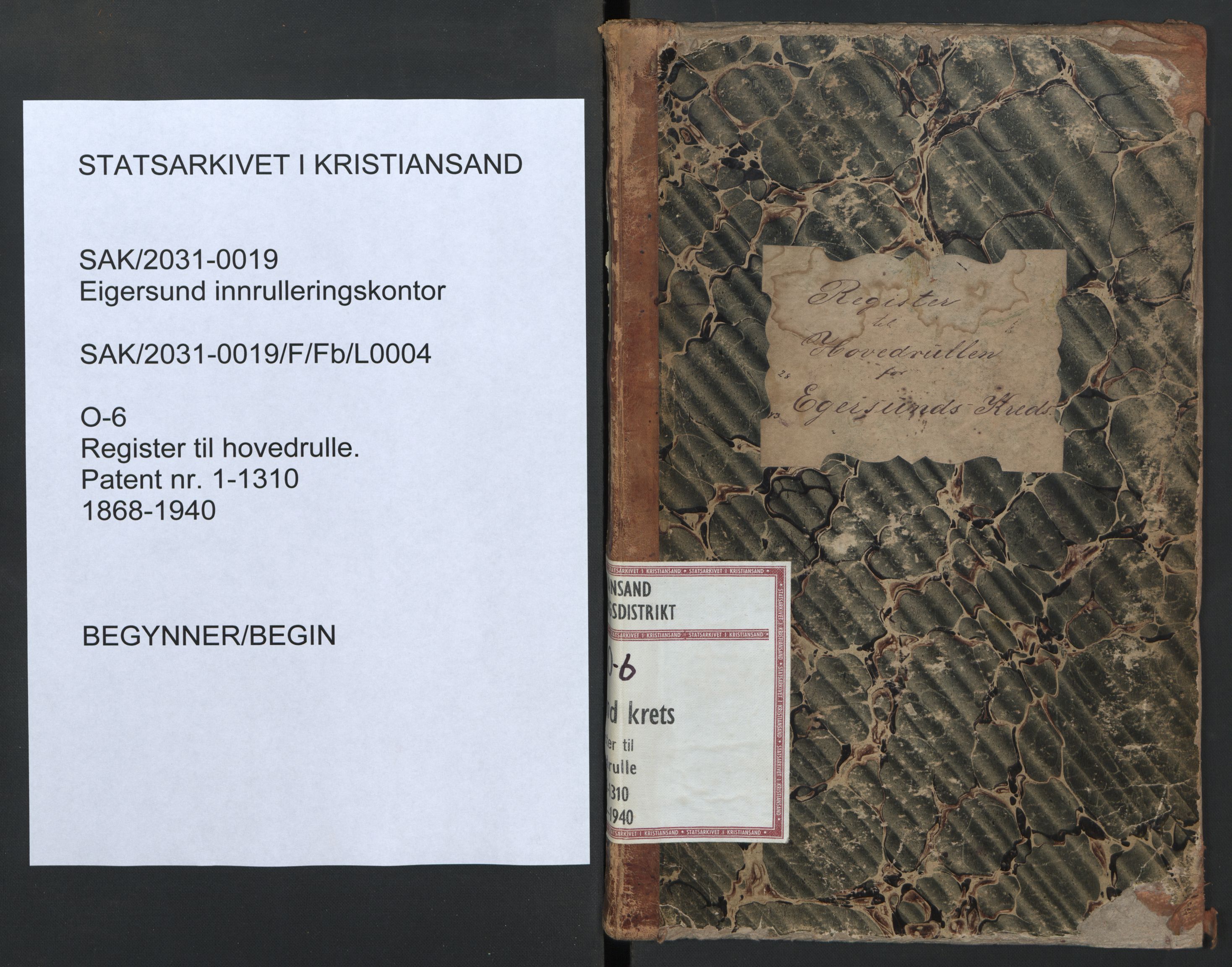 Egersund mønstringskrets, SAK/2031-0019/F/Fb/L0004: Register til hovedrulle nr 1-1310, O-6, 1868-1940, s. 1