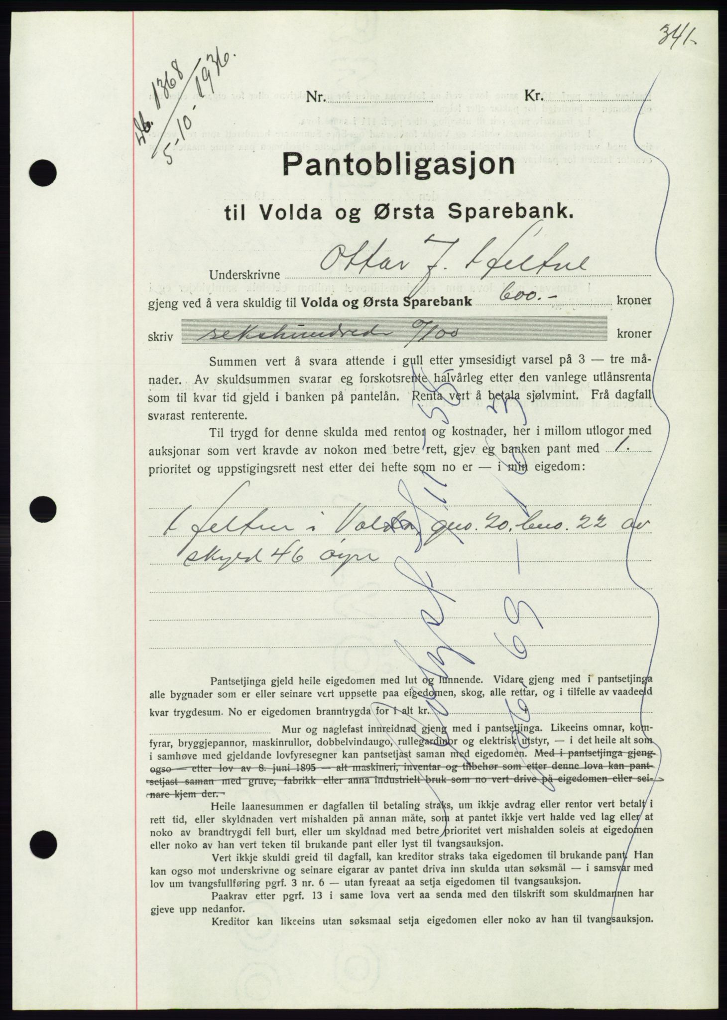 Søre Sunnmøre sorenskriveri, AV/SAT-A-4122/1/2/2C/L0061: Pantebok nr. 55, 1936-1936, Dagboknr: 1368/1936