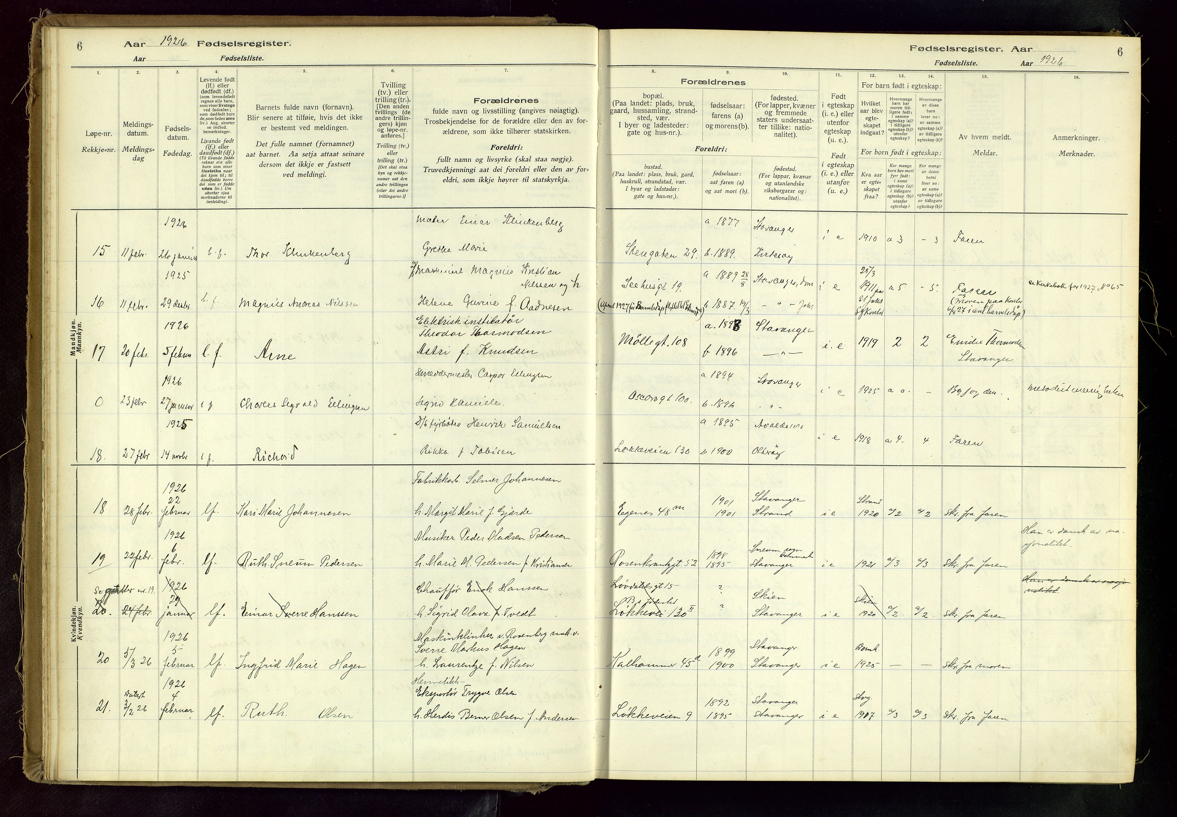 Domkirken sokneprestkontor, SAST/A-101812/002/A/L0001: Fødselsregister nr. 1, 1925-1932, s. 6
