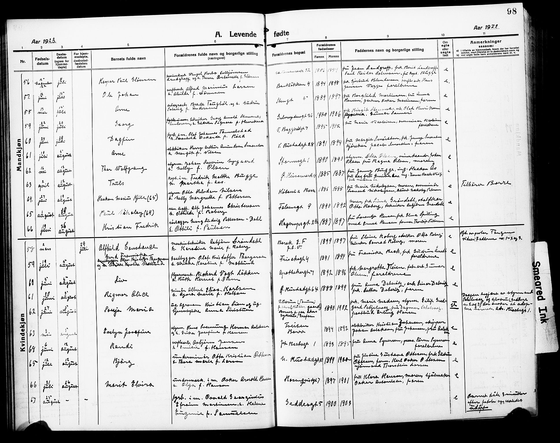 Horten kirkebøker, AV/SAKO-A-348/G/Ga/L0008: Klokkerbok nr. 8, 1916-1926, s. 98