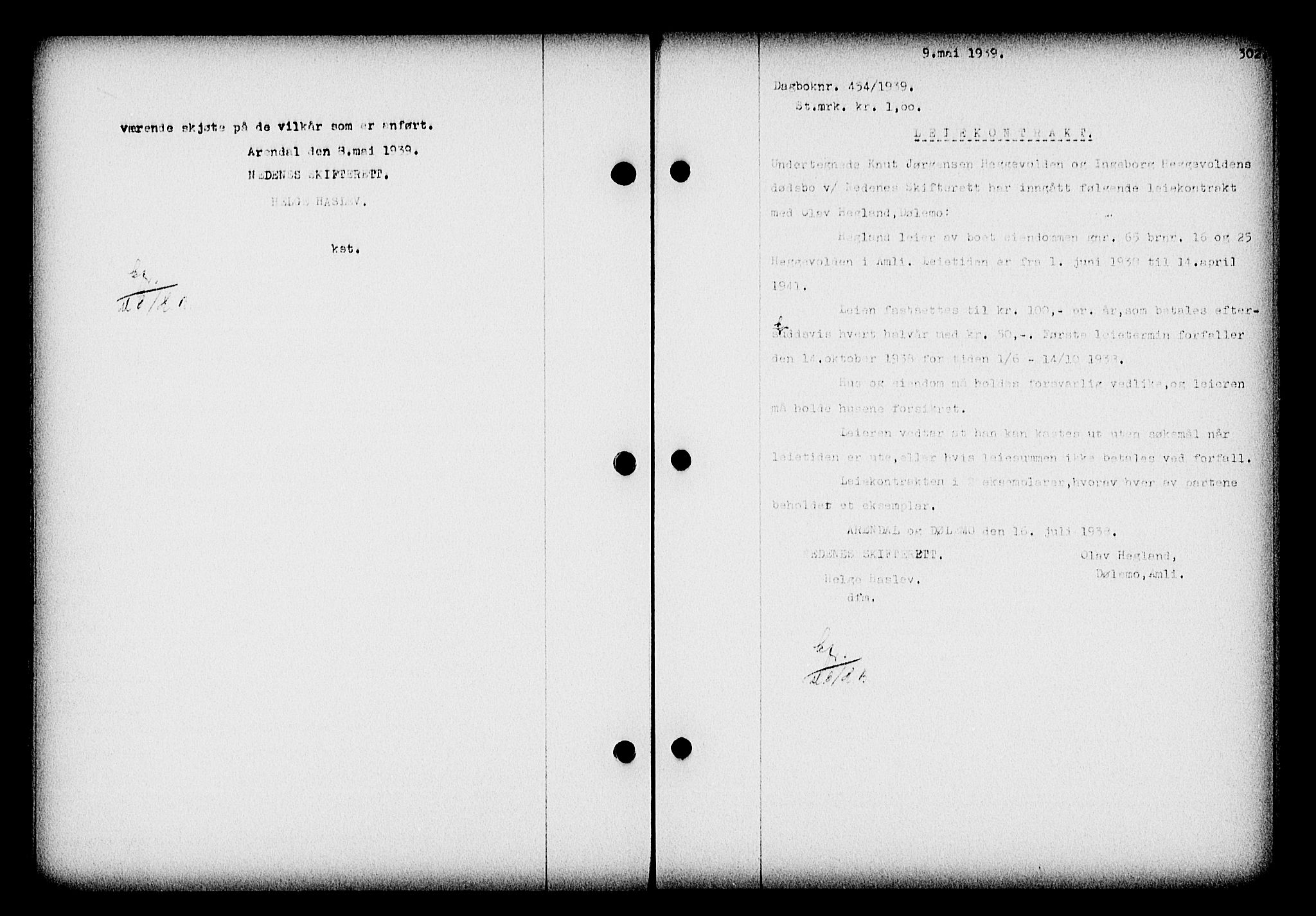 Nedenes sorenskriveri, SAK/1221-0006/G/Gb/Gba/L0046: Pantebok nr. 42, 1938-1939, Dagboknr: 454/1939