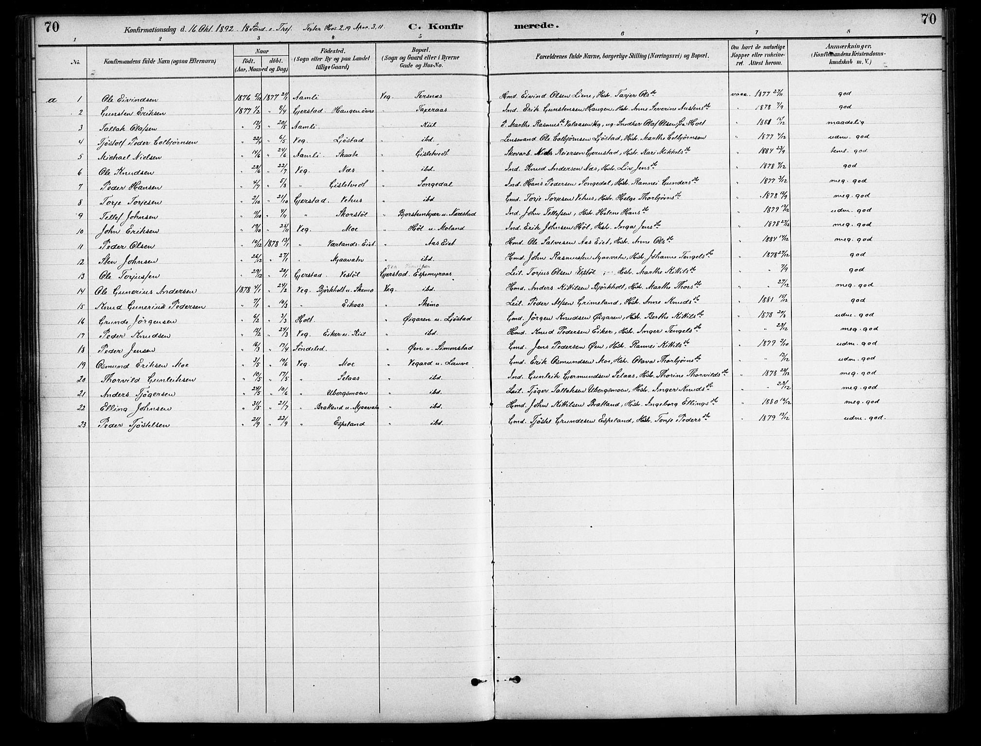Gjerstad sokneprestkontor, AV/SAK-1111-0014/F/Fa/Fab/L0005: Ministerialbok nr. A 5, 1891-1908, s. 70