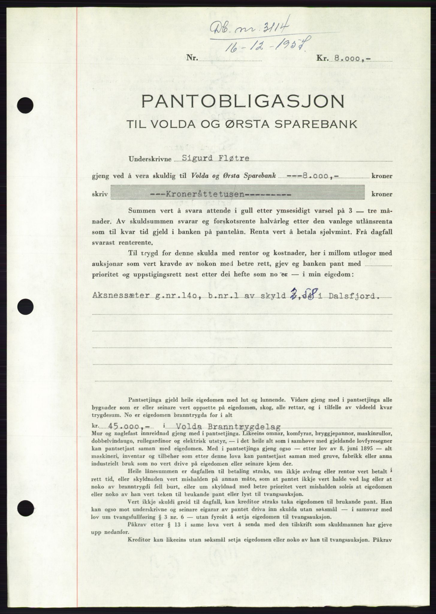 Søre Sunnmøre sorenskriveri, AV/SAT-A-4122/1/2/2C/L0130: Pantebok nr. 18B, 1957-1958, Dagboknr: 3114/1957