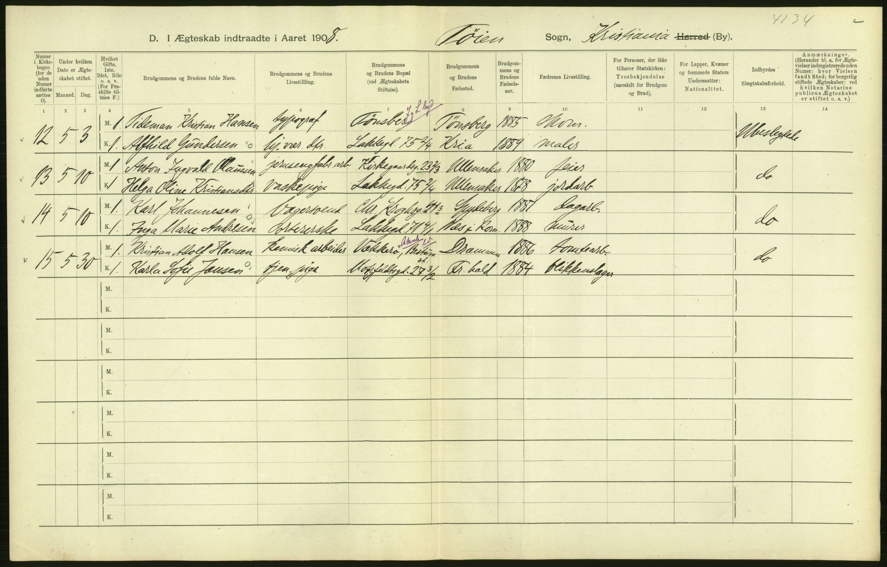 Statistisk sentralbyrå, Sosiodemografiske emner, Befolkning, AV/RA-S-2228/D/Df/Dfa/Dfaf/L0007: Kristiania: Gifte, 1908, s. 80