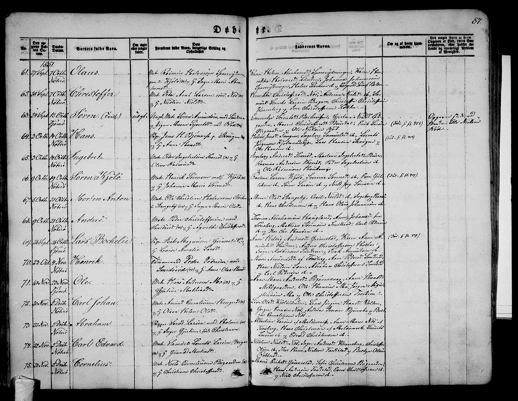 Nøtterøy kirkebøker, AV/SAKO-A-354/G/Ga/L0001: Klokkerbok nr. I 1, 1844-1859, s. 87