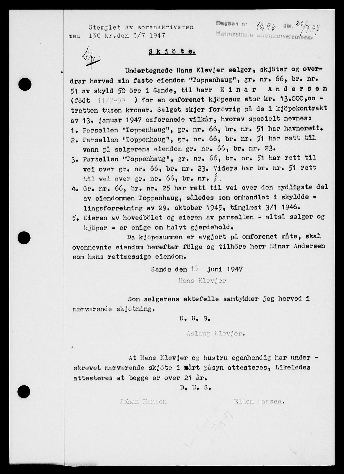 Holmestrand sorenskriveri, SAKO/A-67/G/Ga/Gaa/L0062: Pantebok nr. A-62, 1947-1947, Dagboknr: 1296/1947