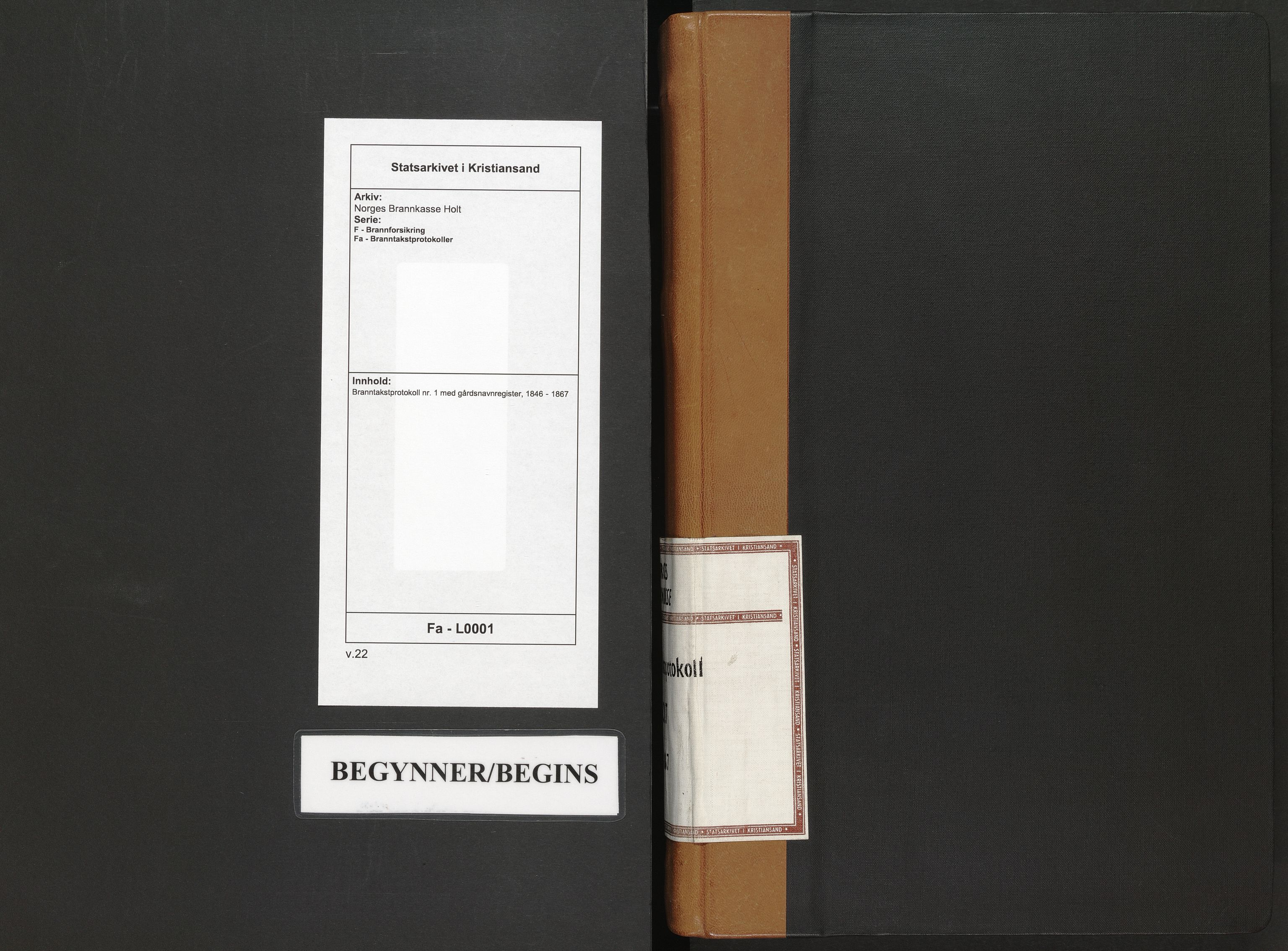 Norges Brannkasse Holt, AV/SAK-2241-0024/F/Fa/L0001: Branntakstprotokoll nr. 1 med gårdsnavnregister, 1846-1867